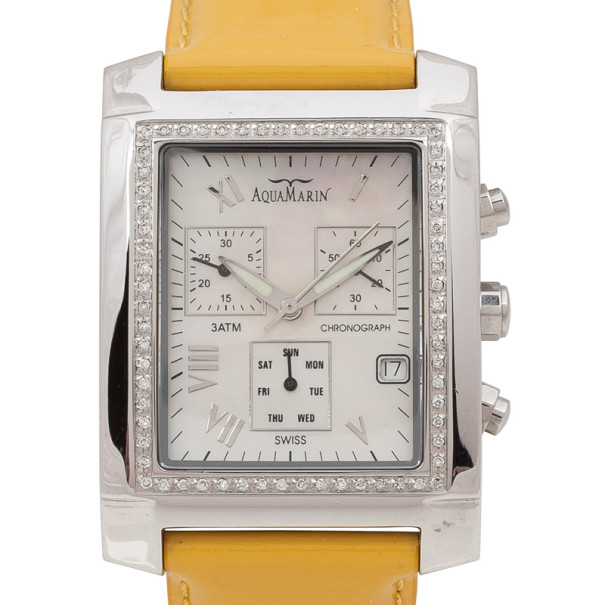 AquaMarin Diamond Mother of Pearl SS Leather Chronograph Unisex Wristwatch 38 MM