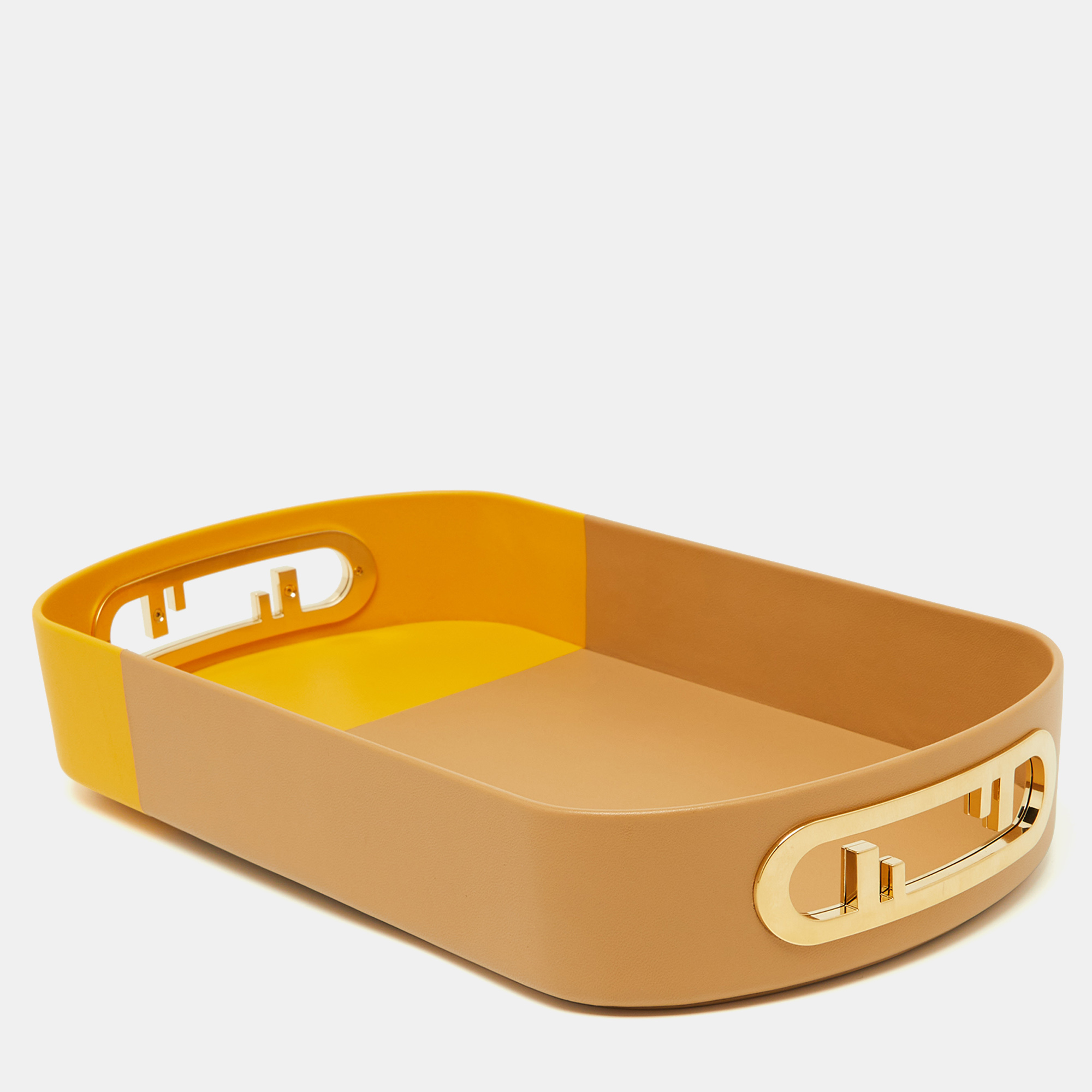 Fendi Beige/Yellow Leather O’Lock Oval Tray