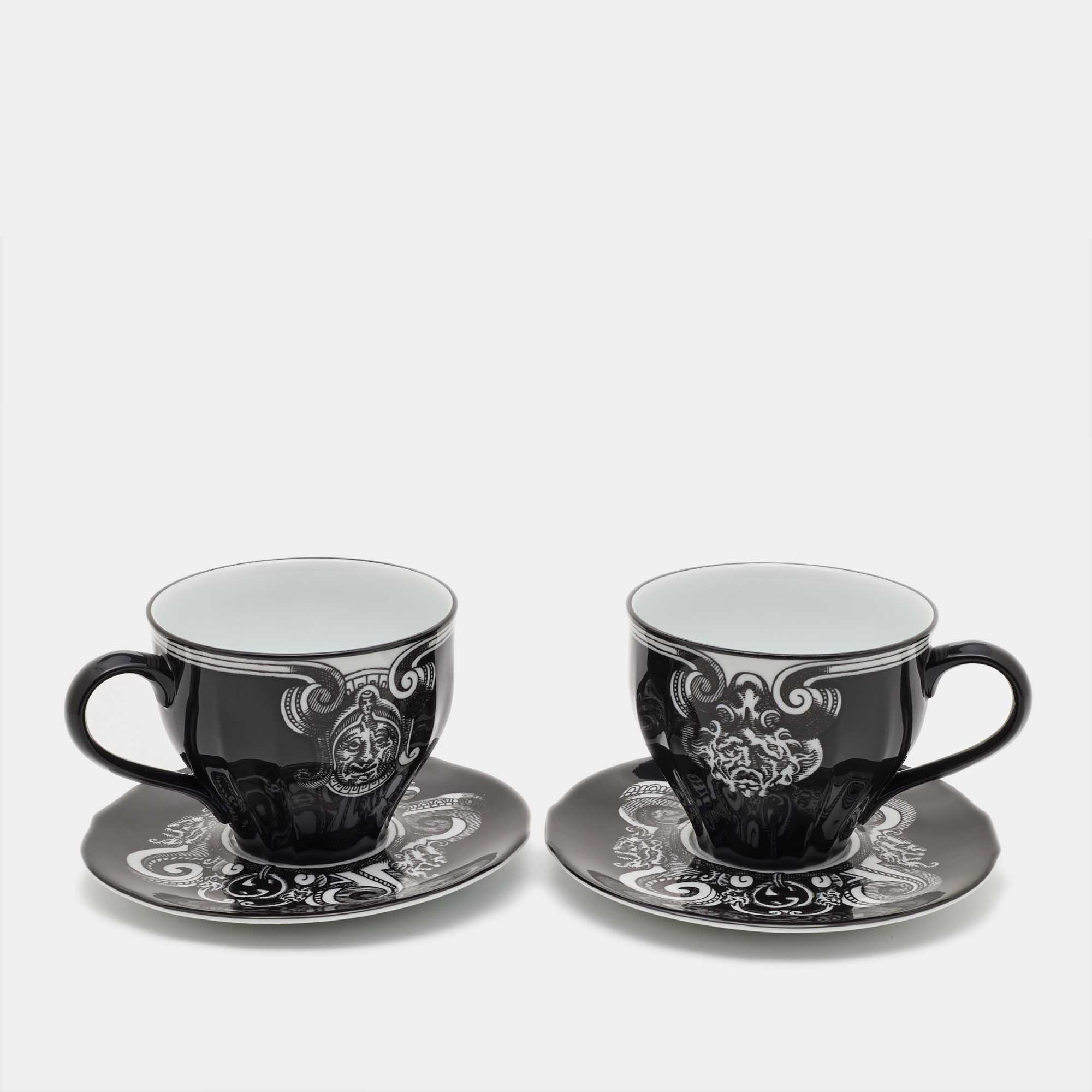 Pre Owned Gucci Black Maison De L'Amour Printed Porcelain Cup & Saucer Set of 2