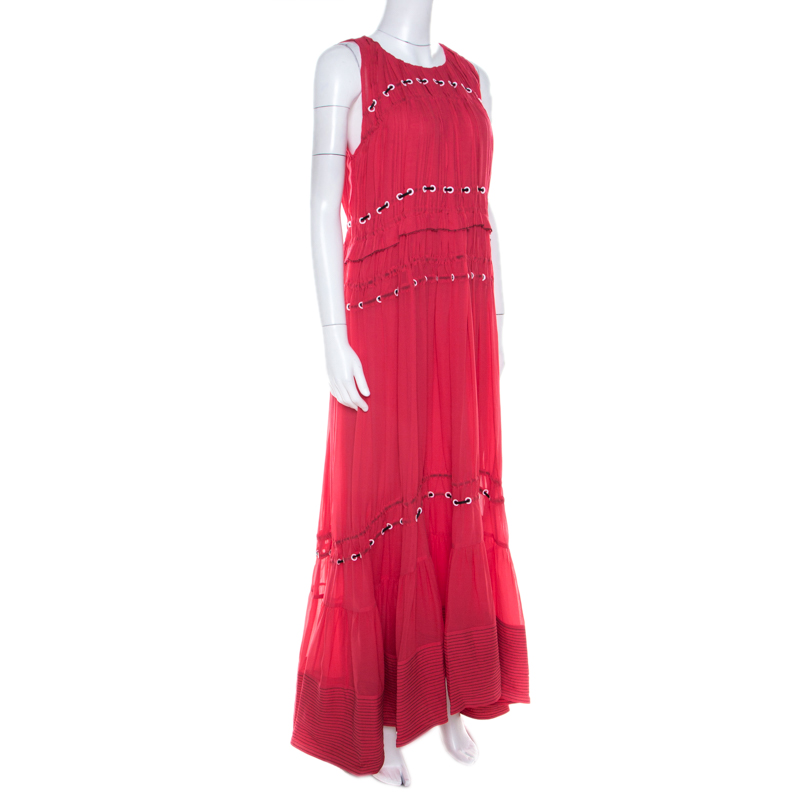 

3.1 Phillip Lim Pink Silk Eyelet Embroidered Pintucked Flared Evening Gown