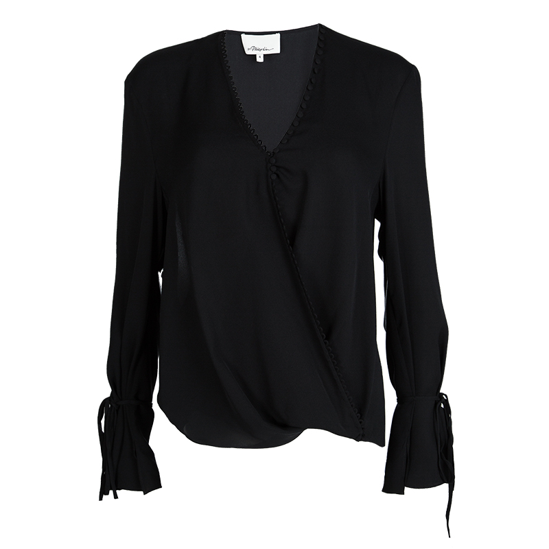 مملوكة مسبقًا بلوزة 3.1 فيليب ليم ويمسيكال بأكمام بثنيات حرير سوداء S