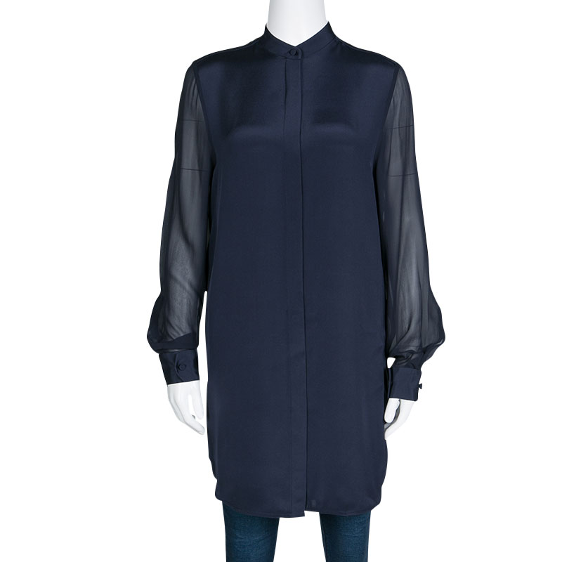 

3.1 Phillip Lim Navy Blue Silk Long Sleeve Button Front Tunic