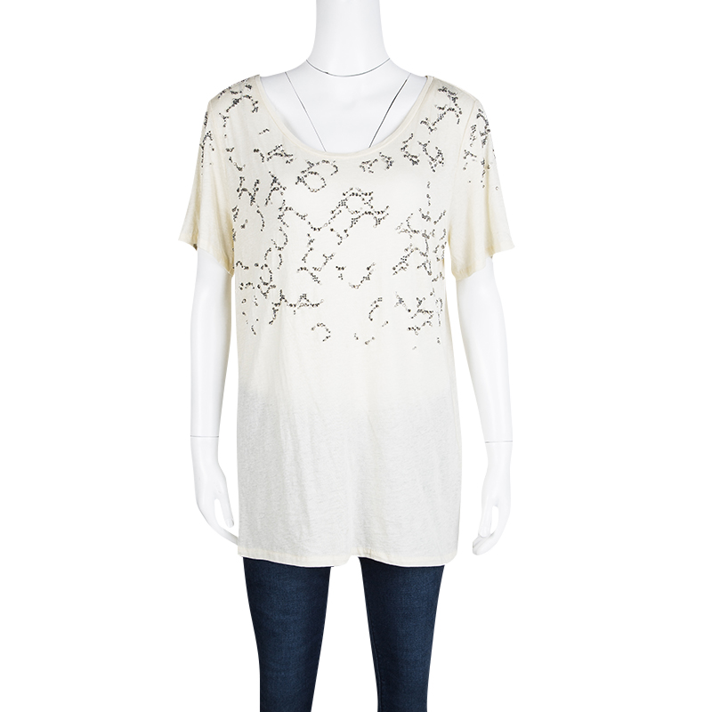 

3.1 Phillip Lim Cream Embellished Slub Jersey Short Sleeve T-Shirt