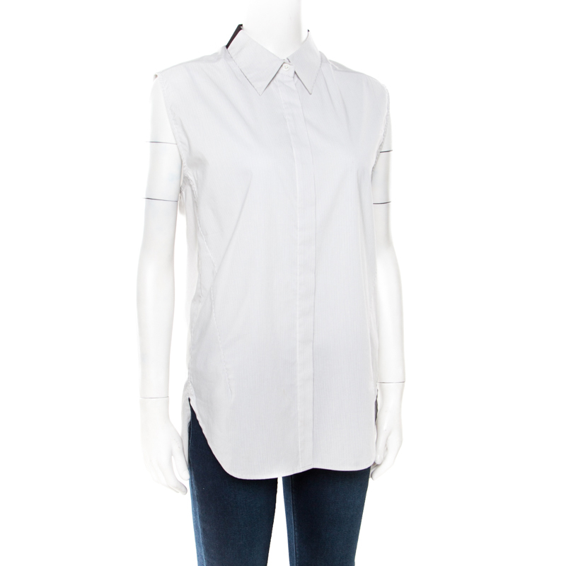 

3.1 Phillip Lim Monochrome Pin Striped Sleeveless Button Front Shirt, White