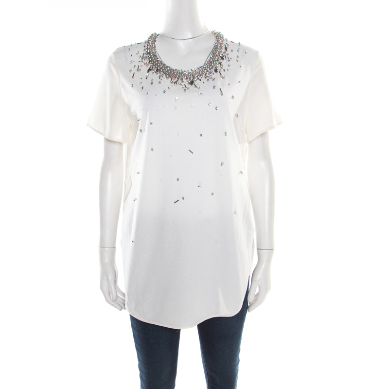 Pre Owned توب 3.1 فيليب ليم قطن وحرير كريمي مزخرف كريستال حافة غير متساوية S