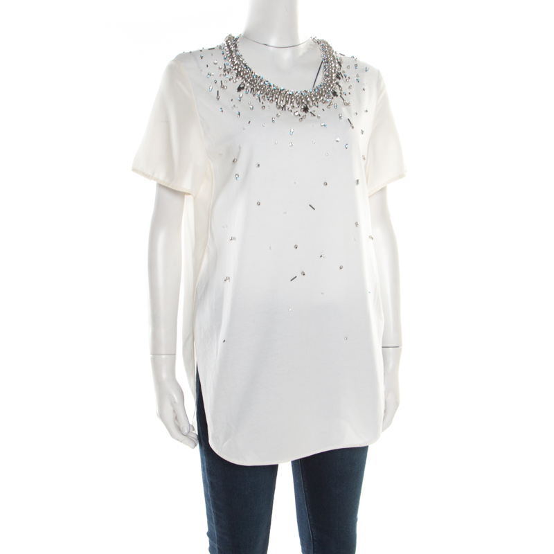 

3.1 Phillip Lim Cream Cotton and Silk Crystal Embellished High Low Top