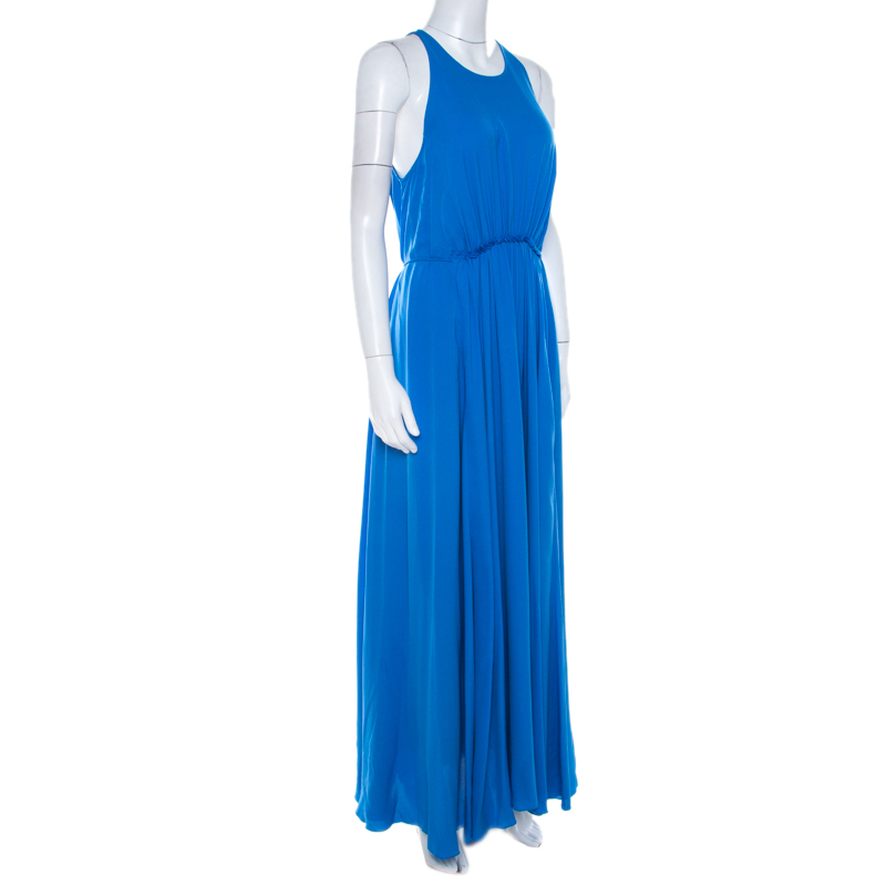 

3.1 Phillip Lim Sapphire Blue Silk Crepe Gathered Halter Maxi Dress