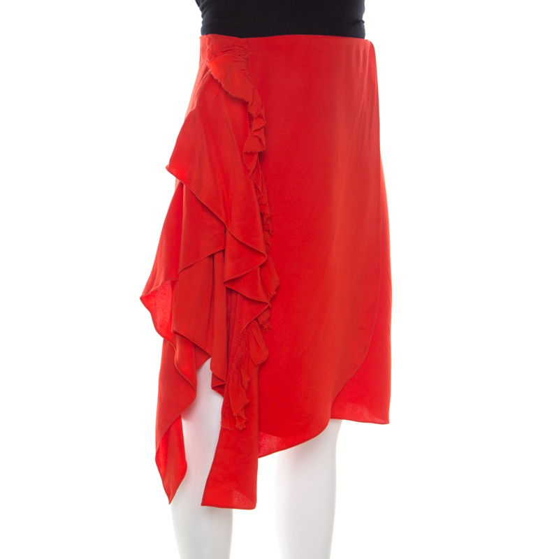 

3.1 Phillip Lim Paprika Red Silk Cascading Ruffle Fringed Asymmetric Skirt