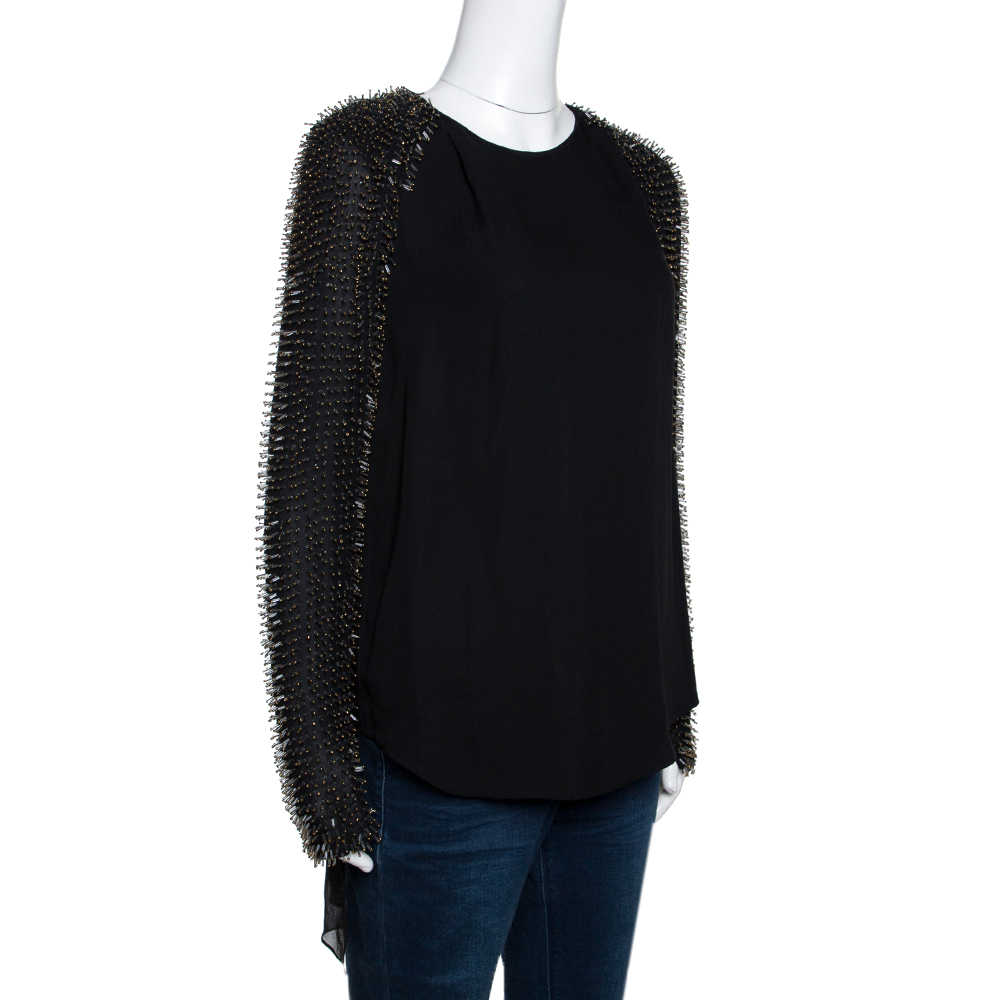 

3.1 Phillip Lim Black Silk Crepe Static Beaded Sleeve Top