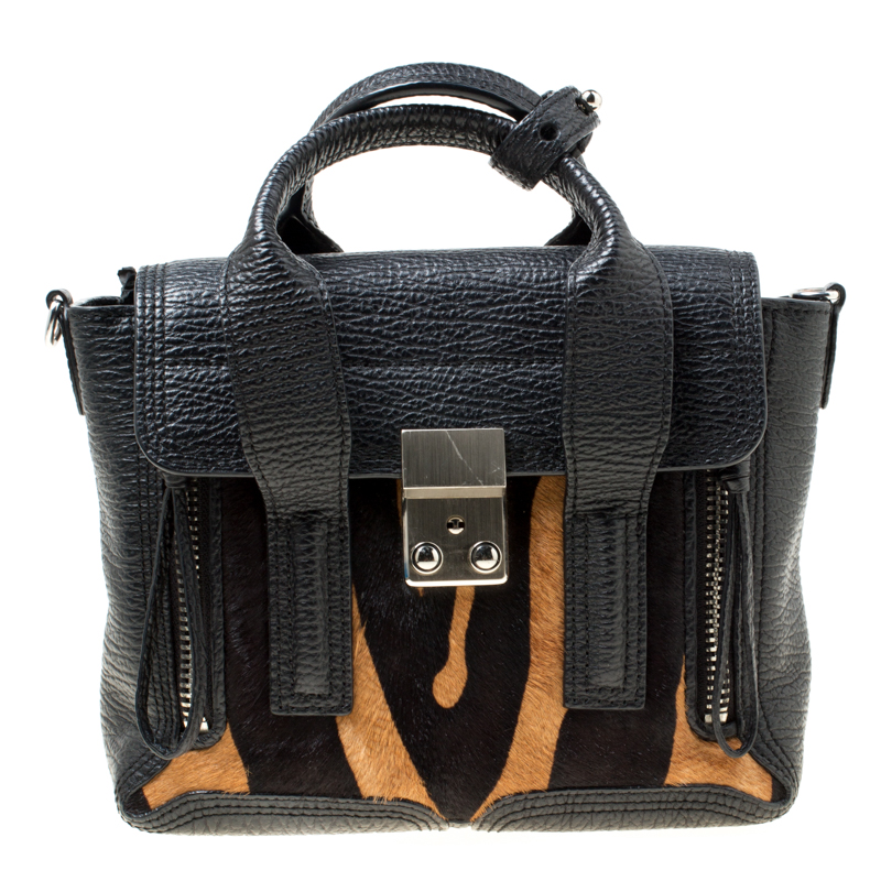 Pre Owned 3.1 Phillip Lim Black/Brown Leather and Calfhair Mini Pashli Top Handle Bag