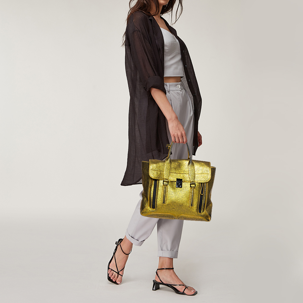 

3.1 Phillip Lim Gold/Black Leather Large Pashli Satchel