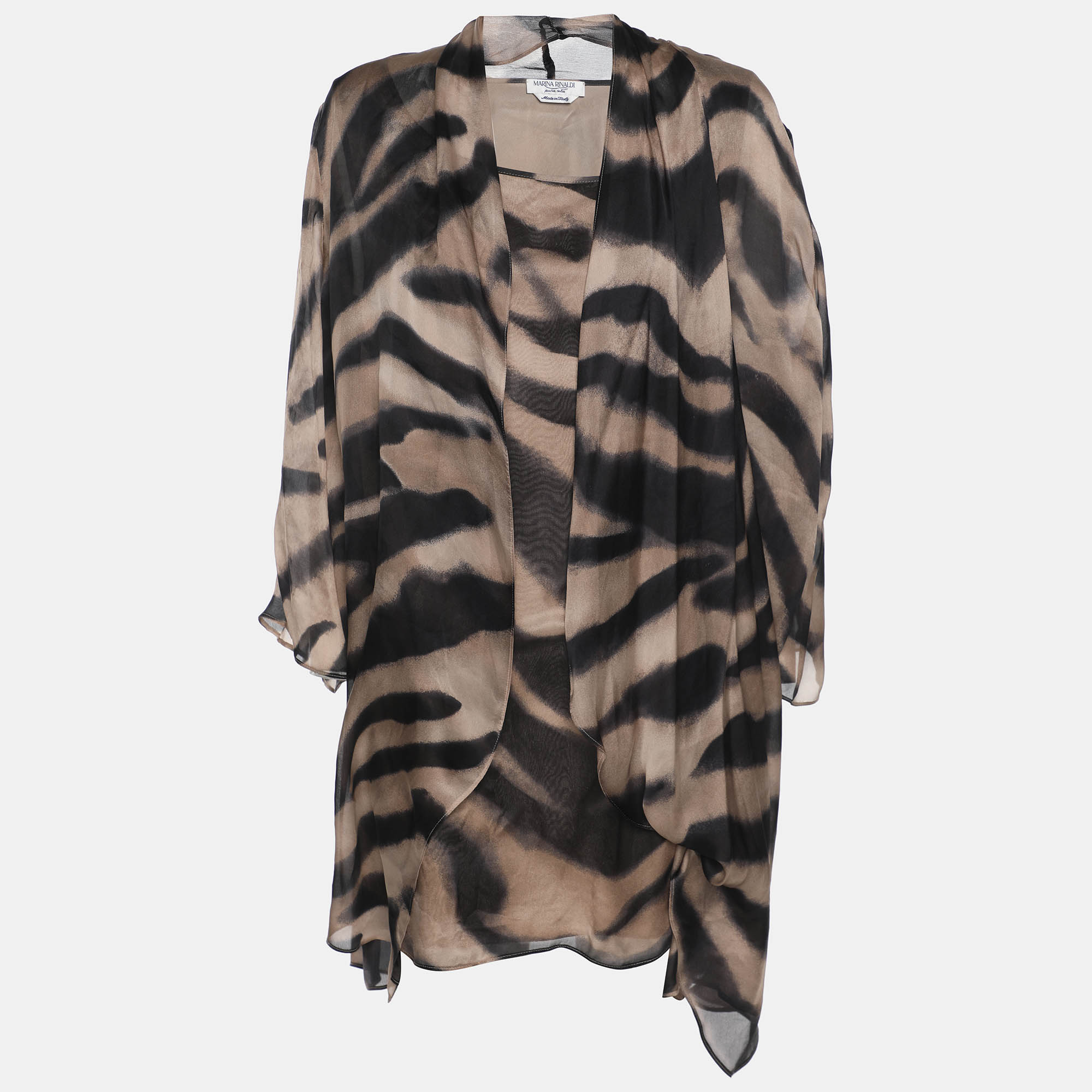 Pre-owned 424 Marina Rinaldi Beige Zebra Print Chiffon Twinset Cardigan L In Sand