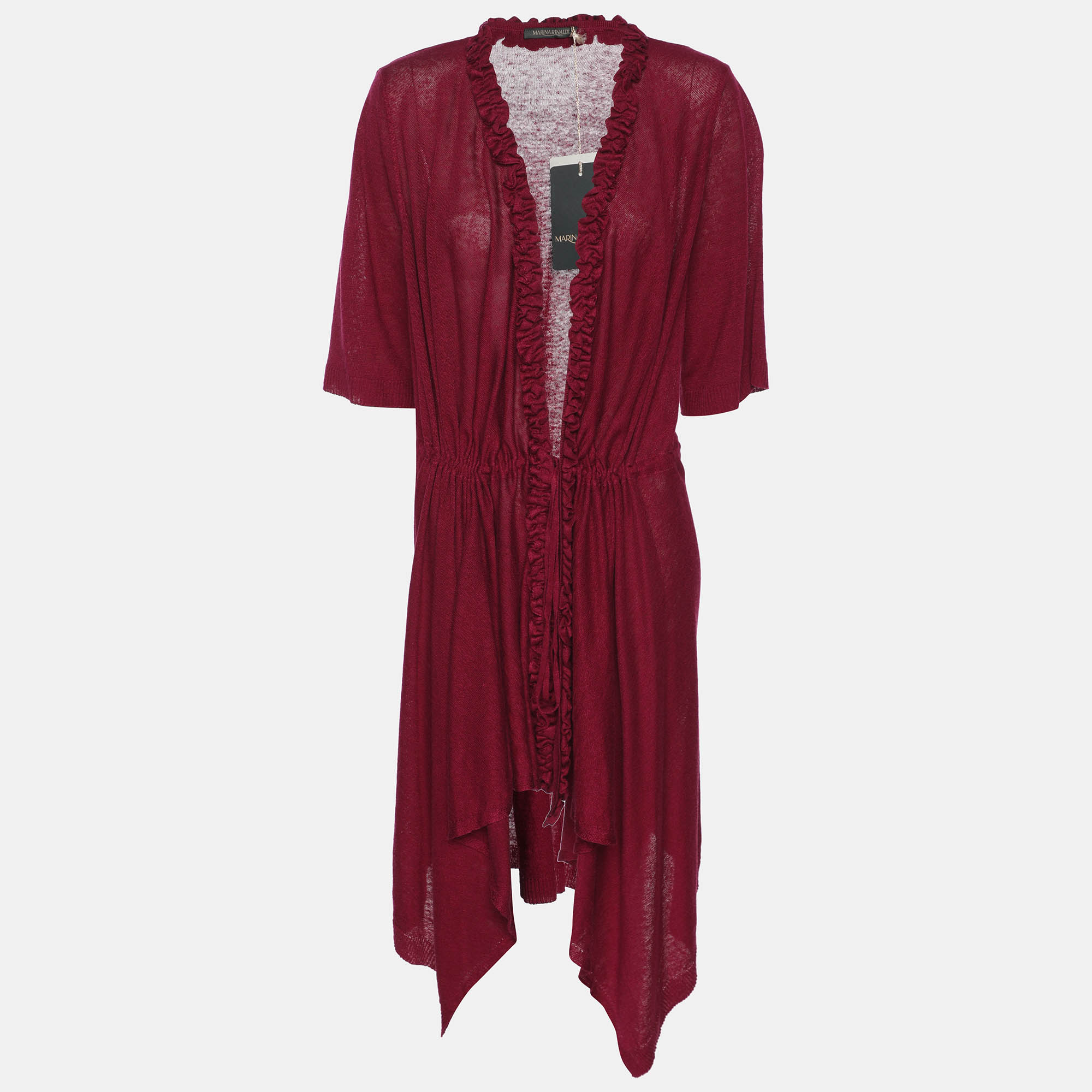 Pre-owned 424 Marina Rinaldi Burgundy Stretch Knit Ruffle Edge Drawstring Cardigan L