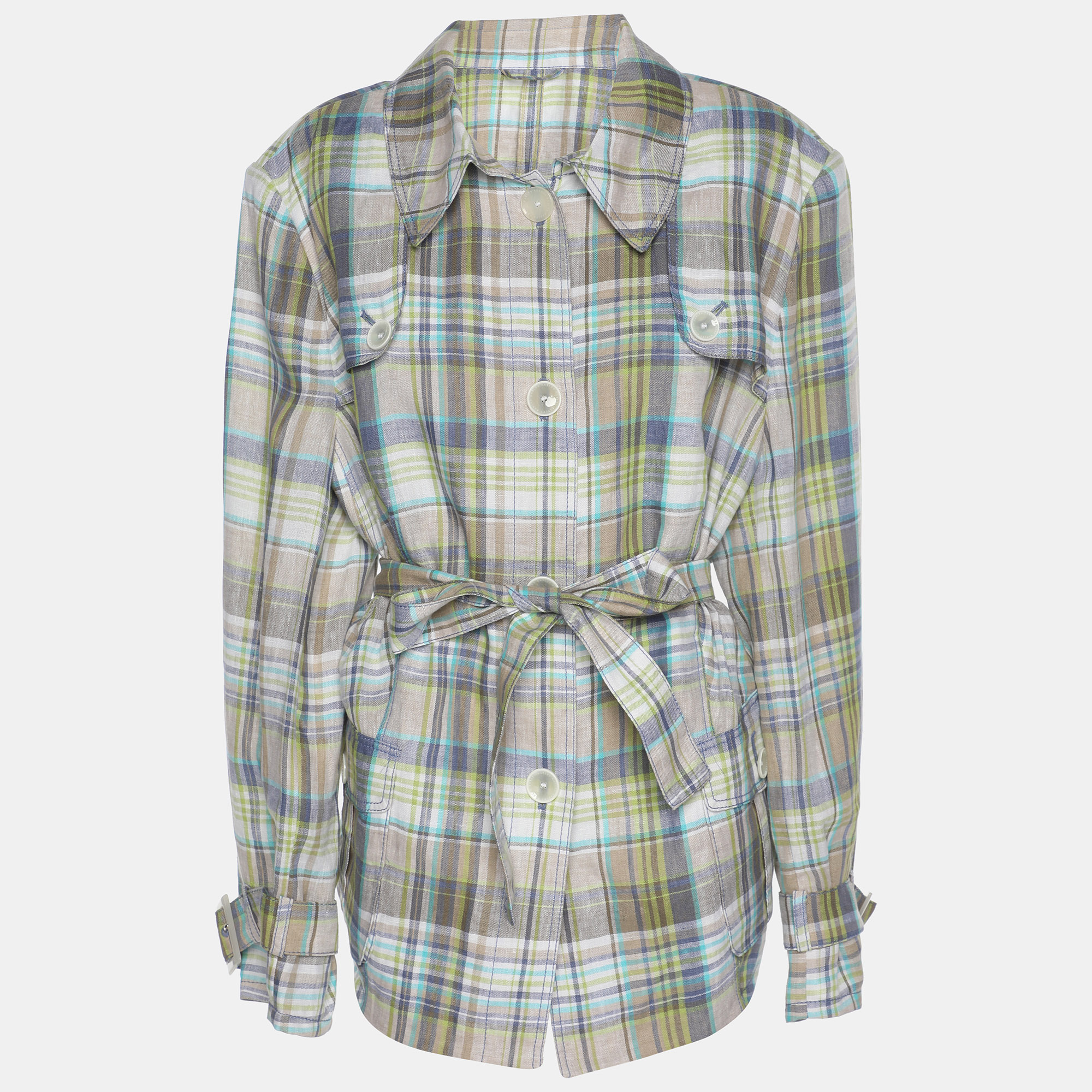 

Basler Green Checkered Linen Long Sleeve Belted Cuff Shirt XL