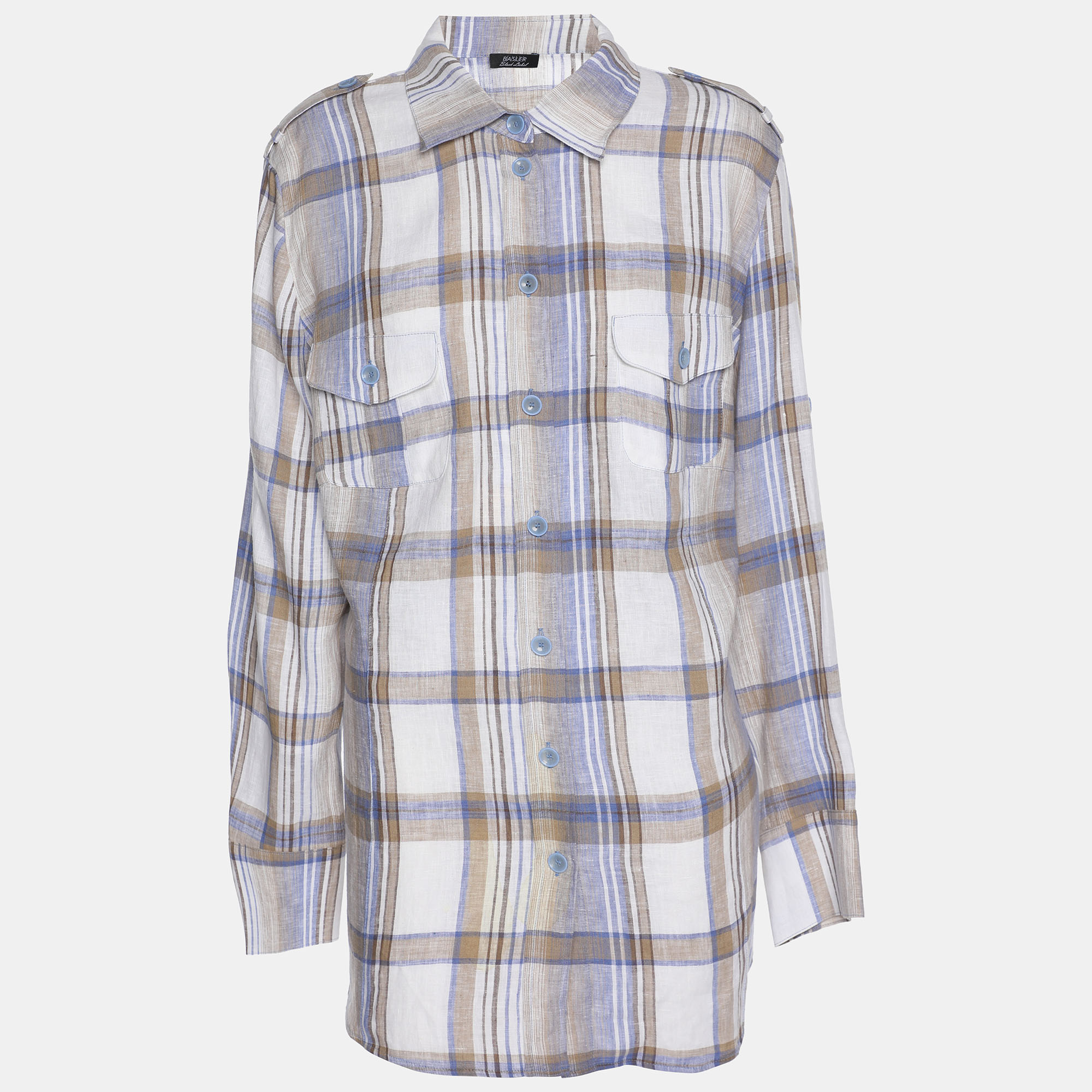 Pre-owned 424 Basler Multicolor Check Linen Long Sleeve Shirt Xl