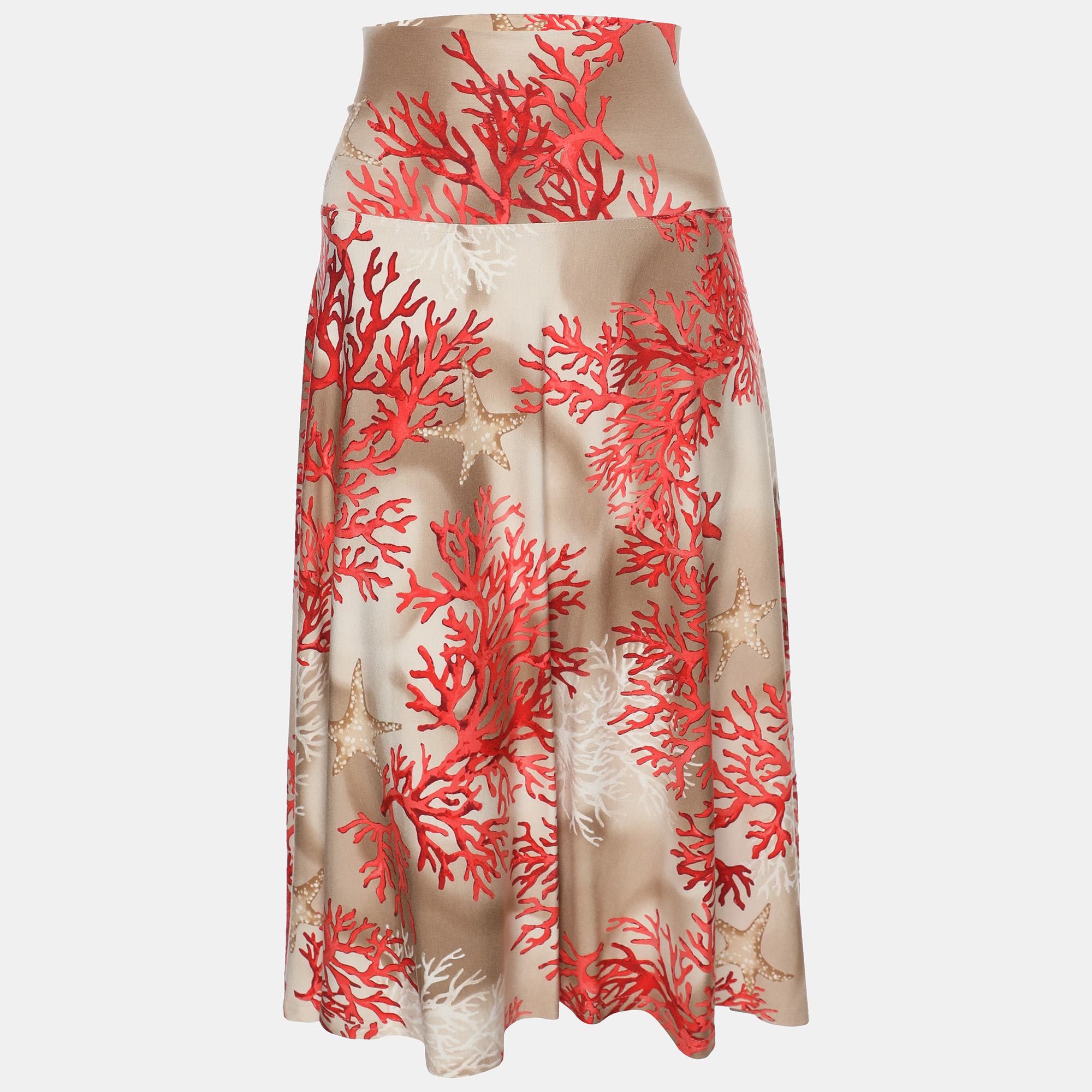 Pre-owned Basler Orange/beige Coral Print Jersey Midi Skirt Xl