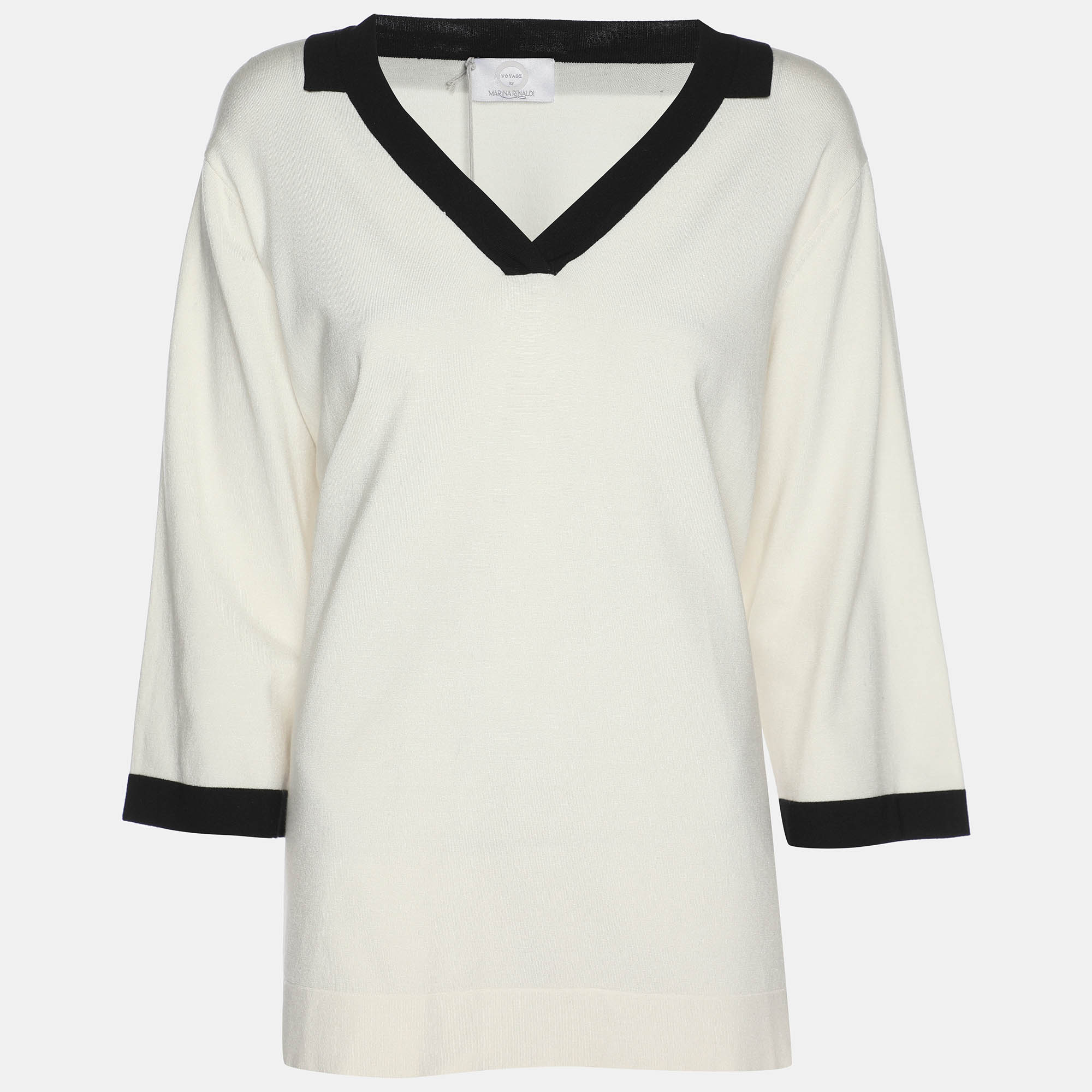 

Marina Rinaldi Cream Jersey Contrast Trim V Neck Sweater L