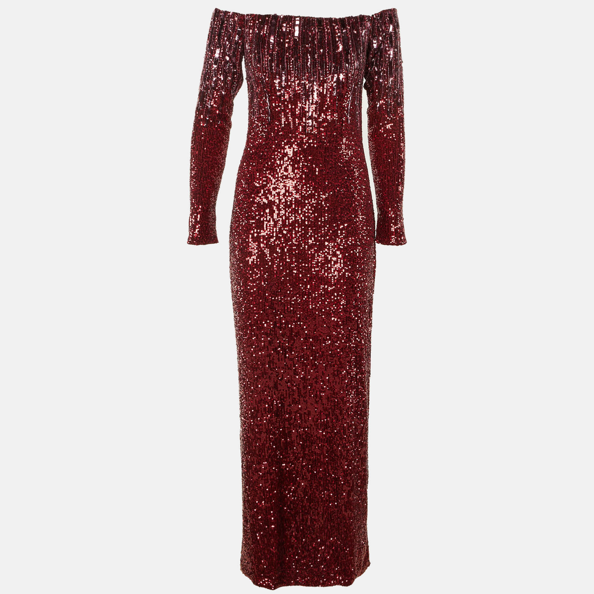 

Pamella Roland Dark Red Sequinned Off-The-Shoulder Long Dress S