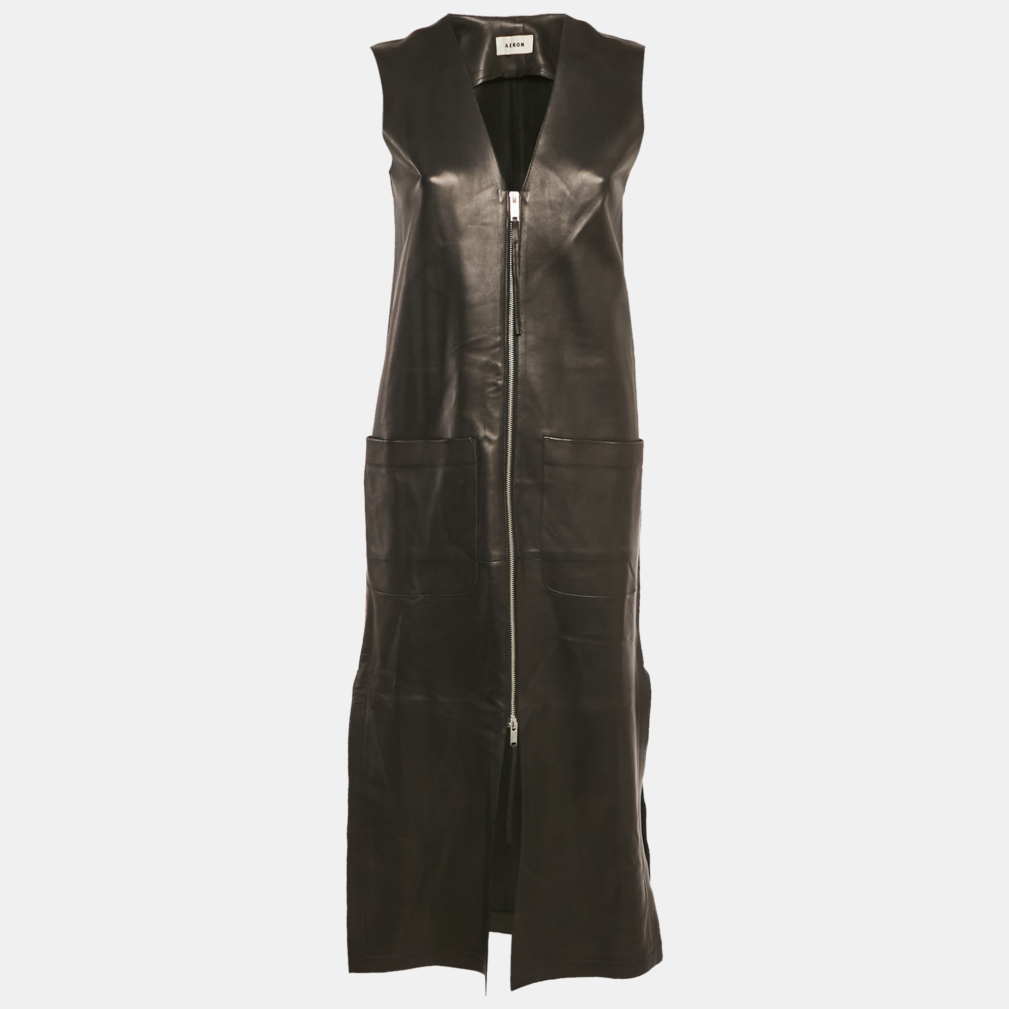 

Aeron Black Leather Zip Front Sleeveless Dress S
