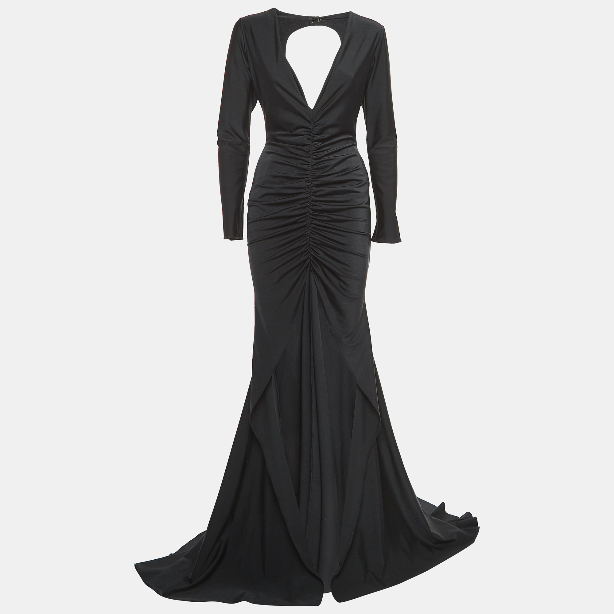 

Michael Costello Black Jersey Deep V-Neck Ruched Gown
