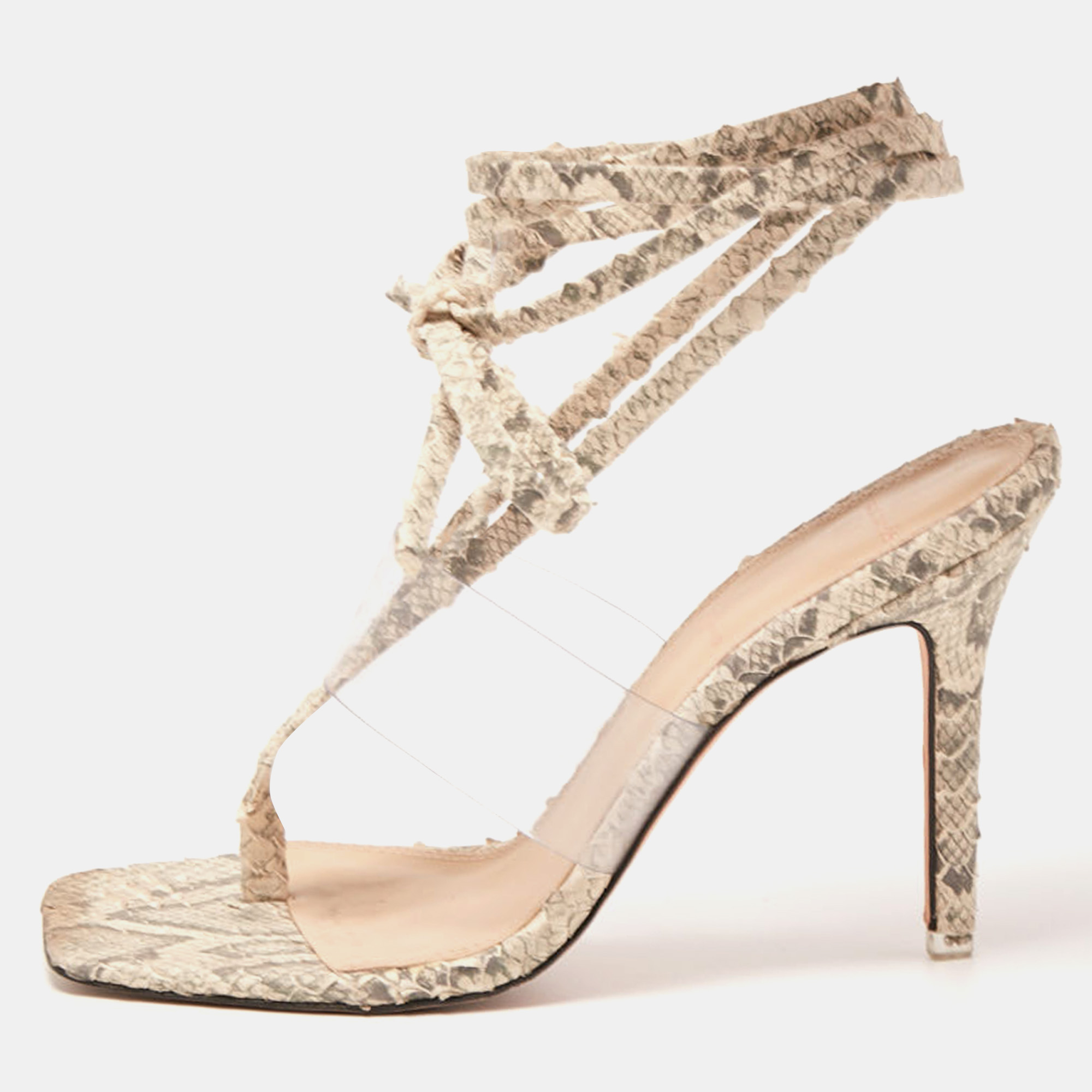 

Black Suede Studio Grey/Transparent PVC and Python Embossed Leather Ankle Wrap Sandals Size, Cream