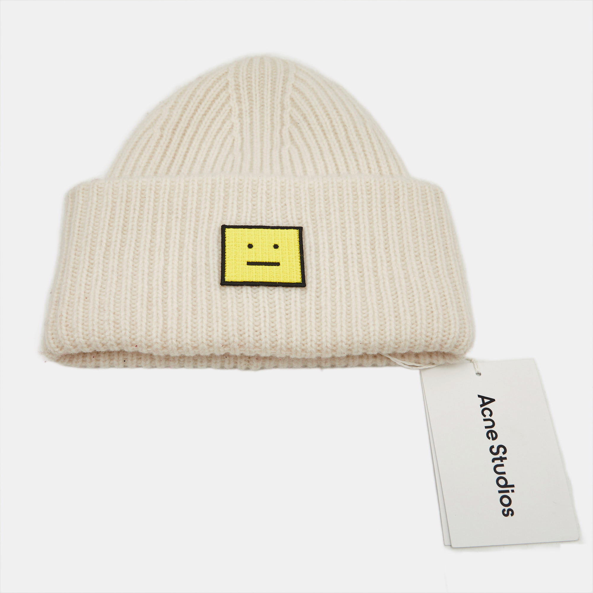 

Acne Studio Ivory Rib Knit Evil Face Logo Beanie, White