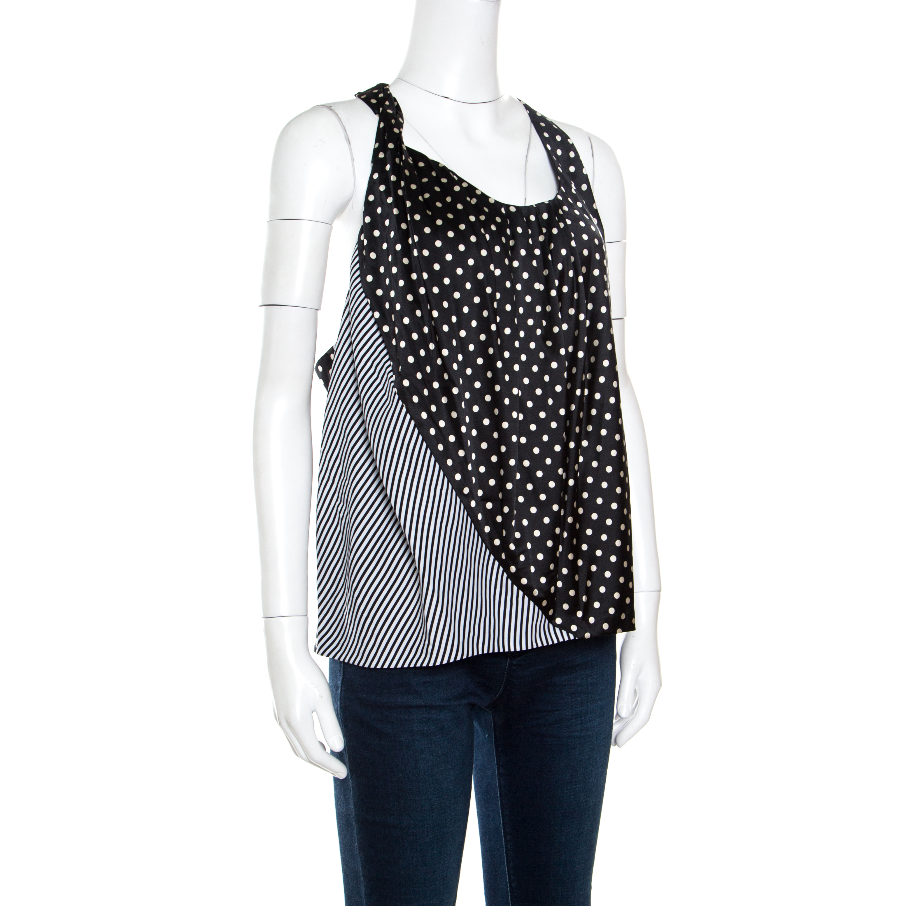 Pre-owned Acne Studios Acne Monochrome Shy Dots And Striped Panel Detail Silk Asymmetric Tank Top L In Black