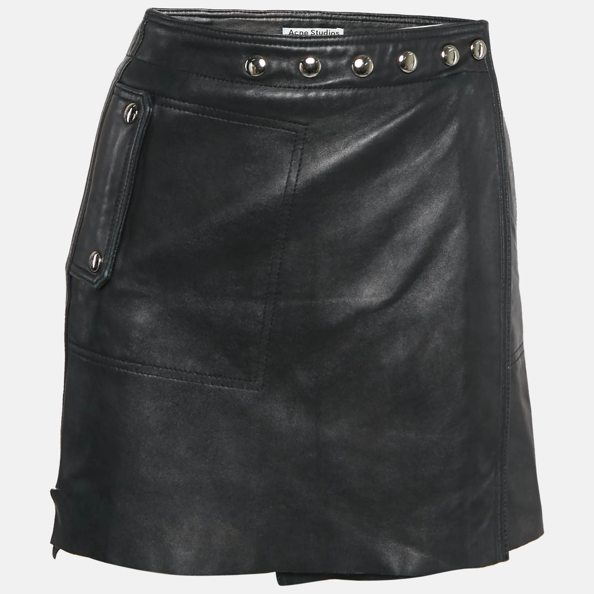 

Acne Studios Black Leather Studded Mini Wrap Skirt S