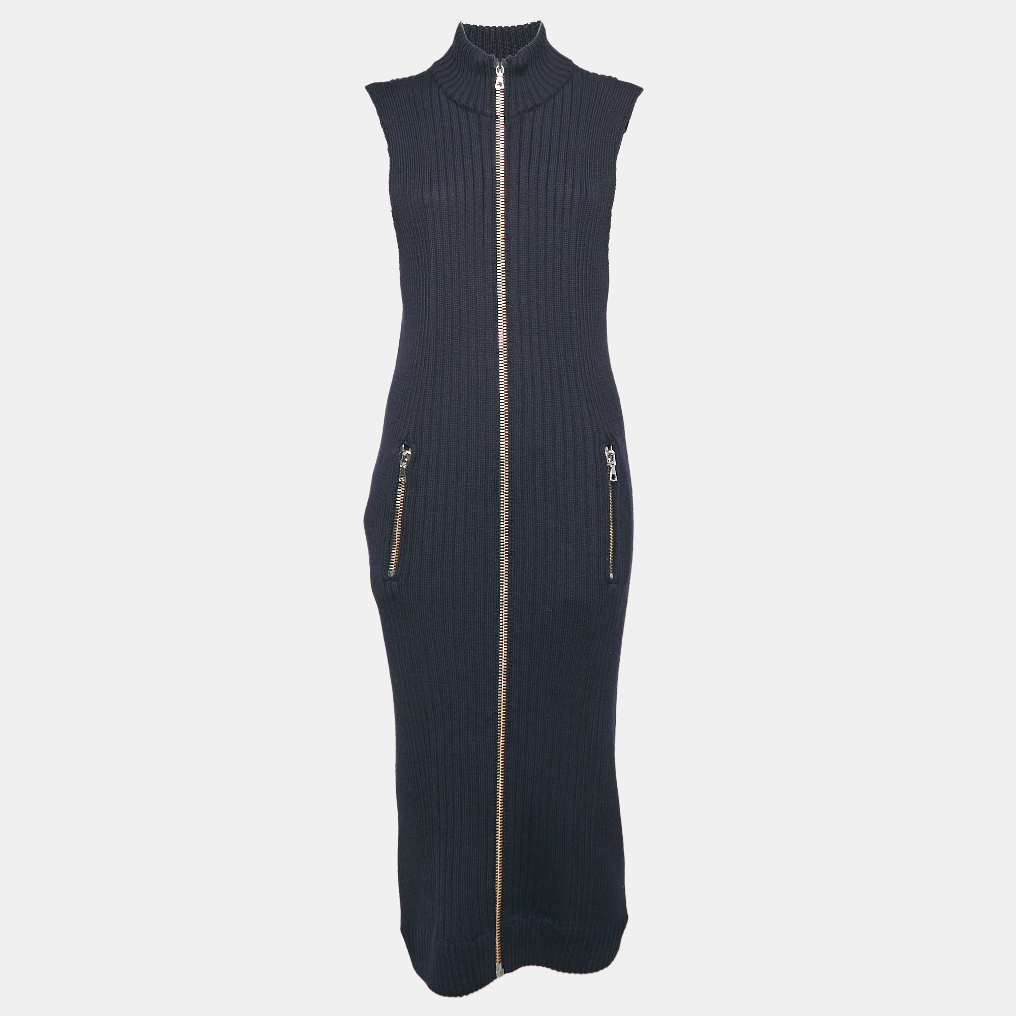 

Acne Studios Navy Blue Rib Knit Zip-Up Sleeveless Midi Sweater Dress M