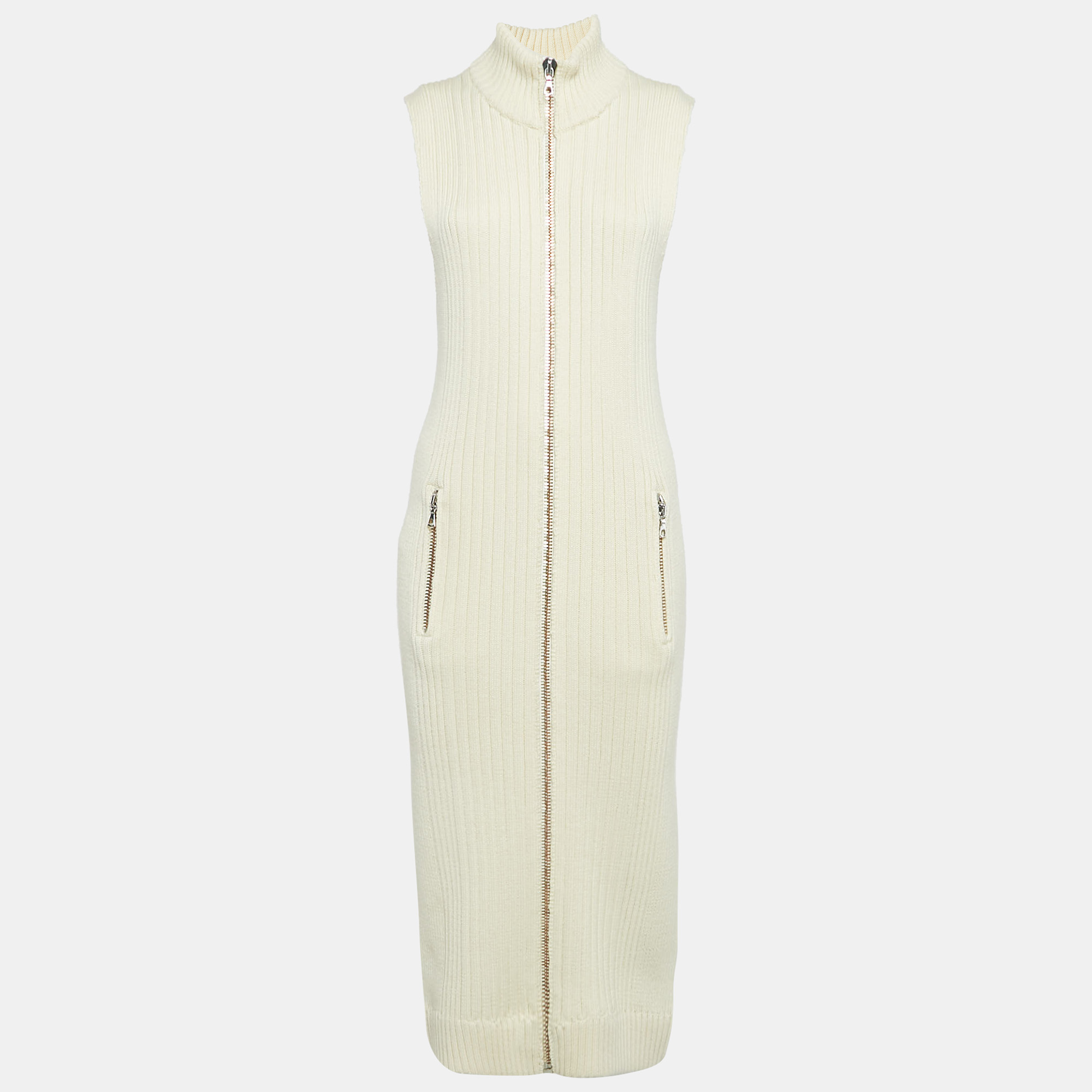 

Acne Studios Cream Rib Knit Zip-Up Sleeveless Midi Sweater Dress S