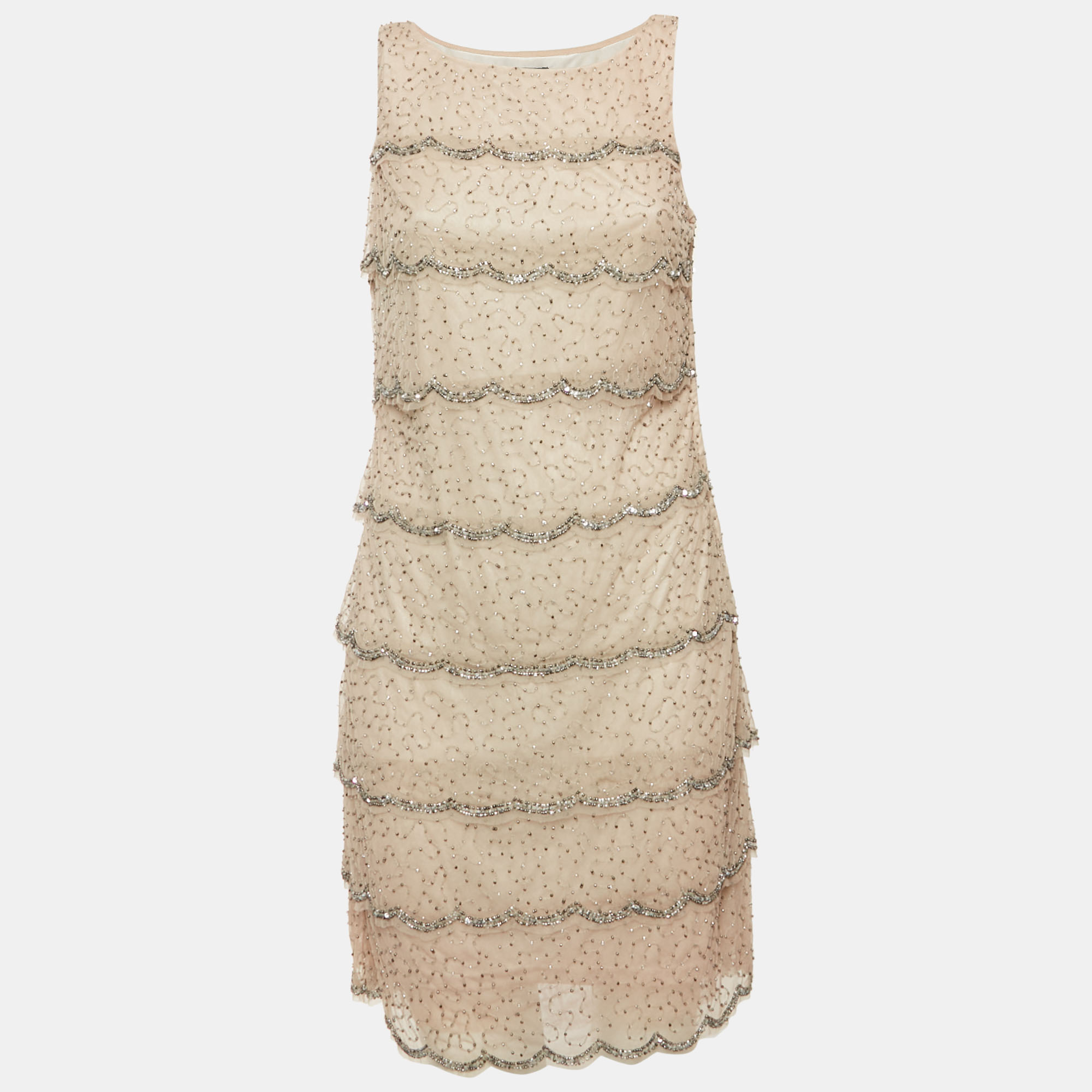 

Adrianna Papell Evening Grey Beaded Tulle Tiered Mini Dress M