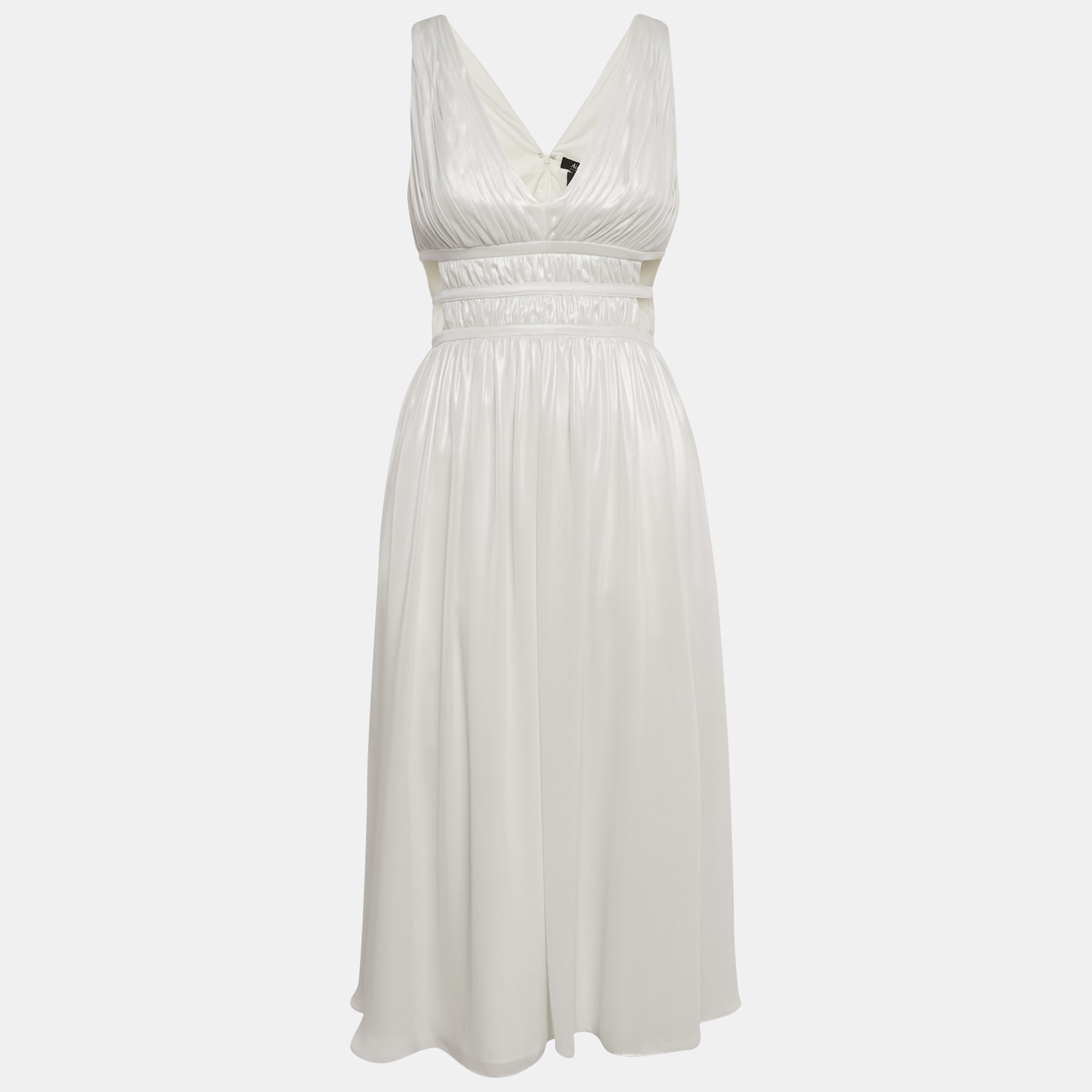 Pre-owned Aidan Mattox Aidan Maxttox Ivory Shimmer Crepe Gathered Cut-out Detail Midi Dress Xs In White