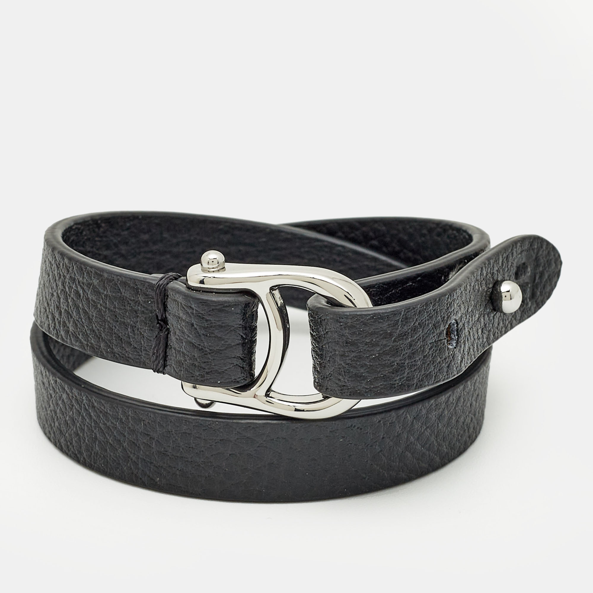 Pre-owned Aigner Logo Leather Silver Tone Bracelet