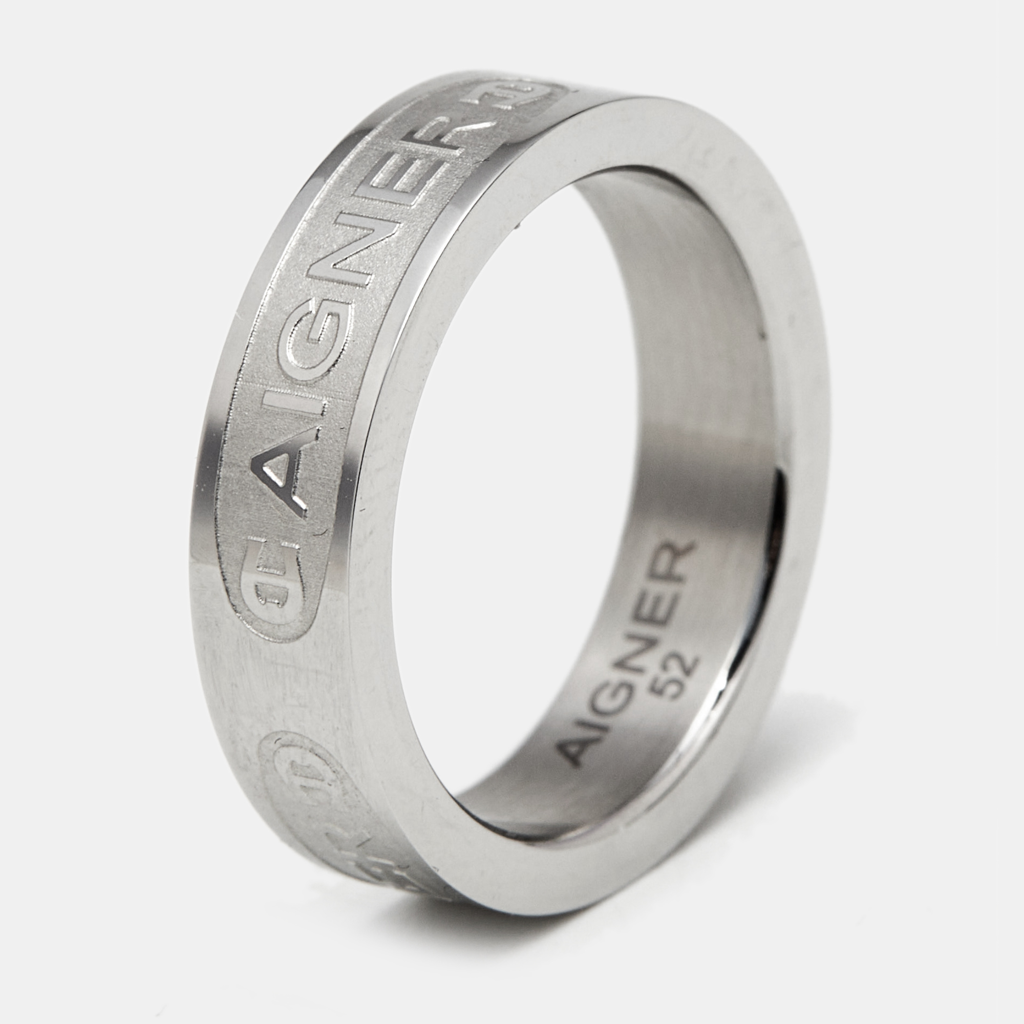 Pre-owned Aigner Logo Silver Tone Ring Size 52