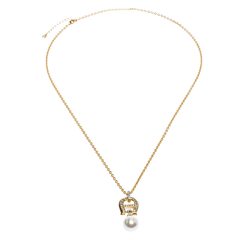 

Aigner Crystal Faux Pearl Gold Plated Long Pendant Necklace