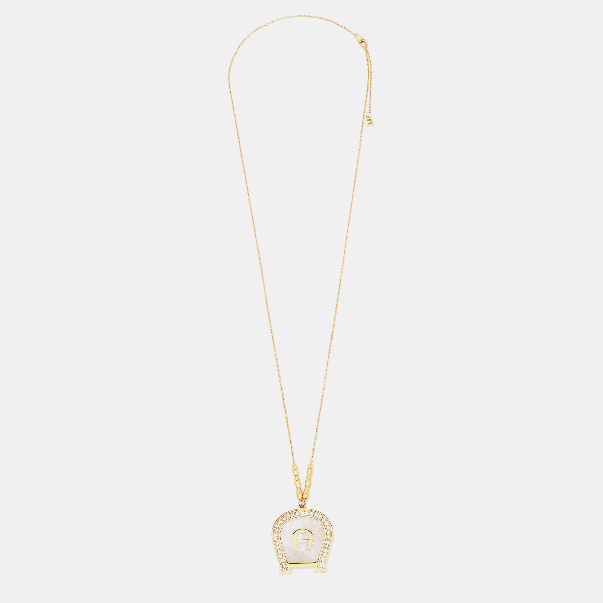 

Aigner Gold Tone Crystal Mother of Pearl A Logo Pendant Necklace