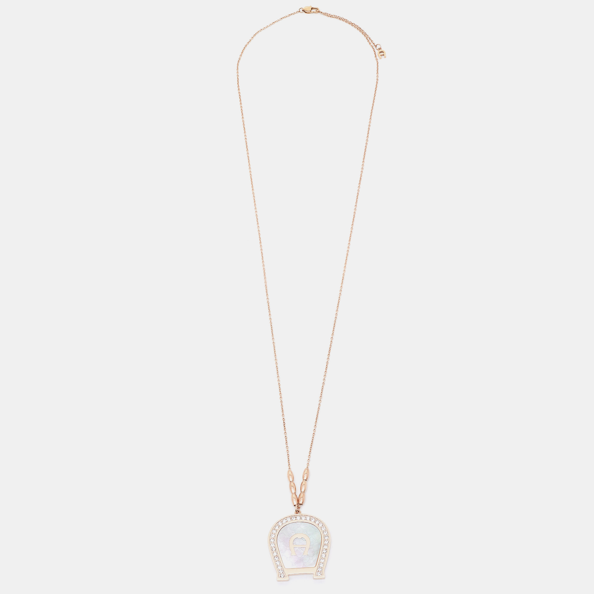 

Aigner Rose Gold Tone Crystal Mother of Pearl A Logo Pendant Necklace