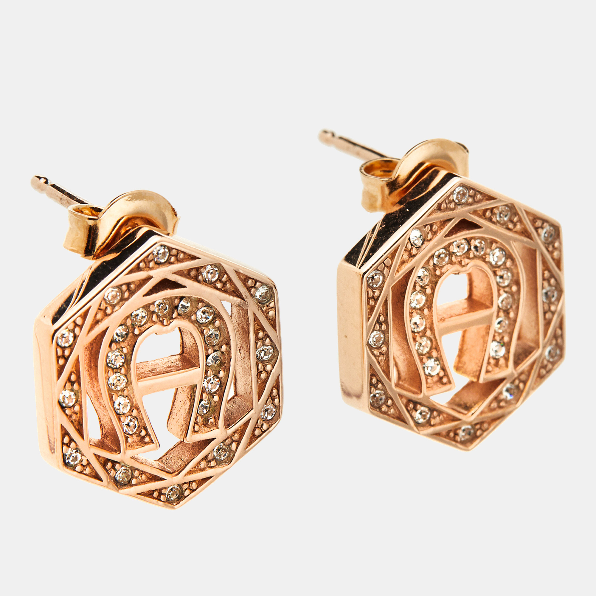 

Aigner Rose Gold Tone Crystal Studded Hexagon Stud Earrings