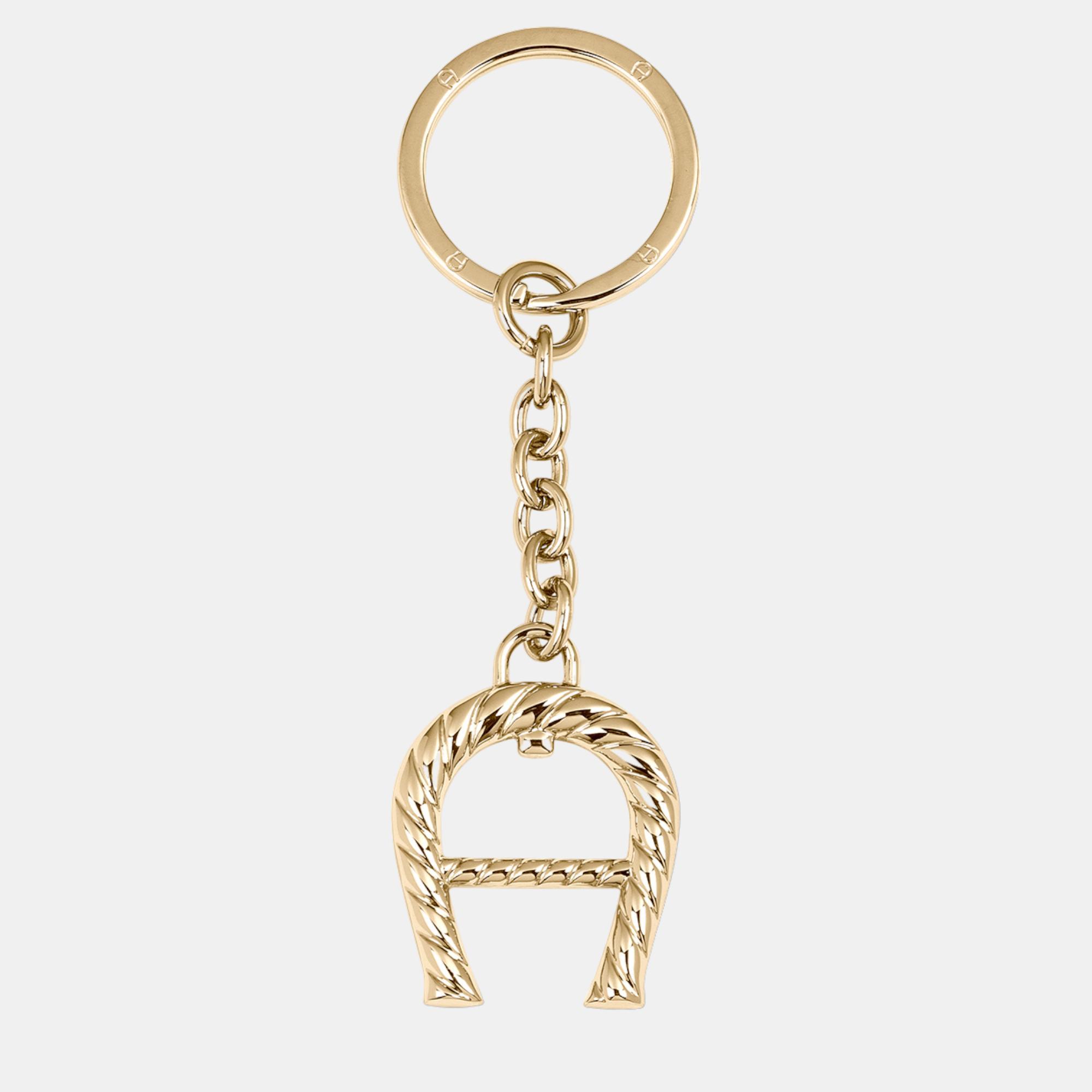 Pre-owned Aigner Gold Shiny Gold Fashion Keyring A-logo Gold Coloured