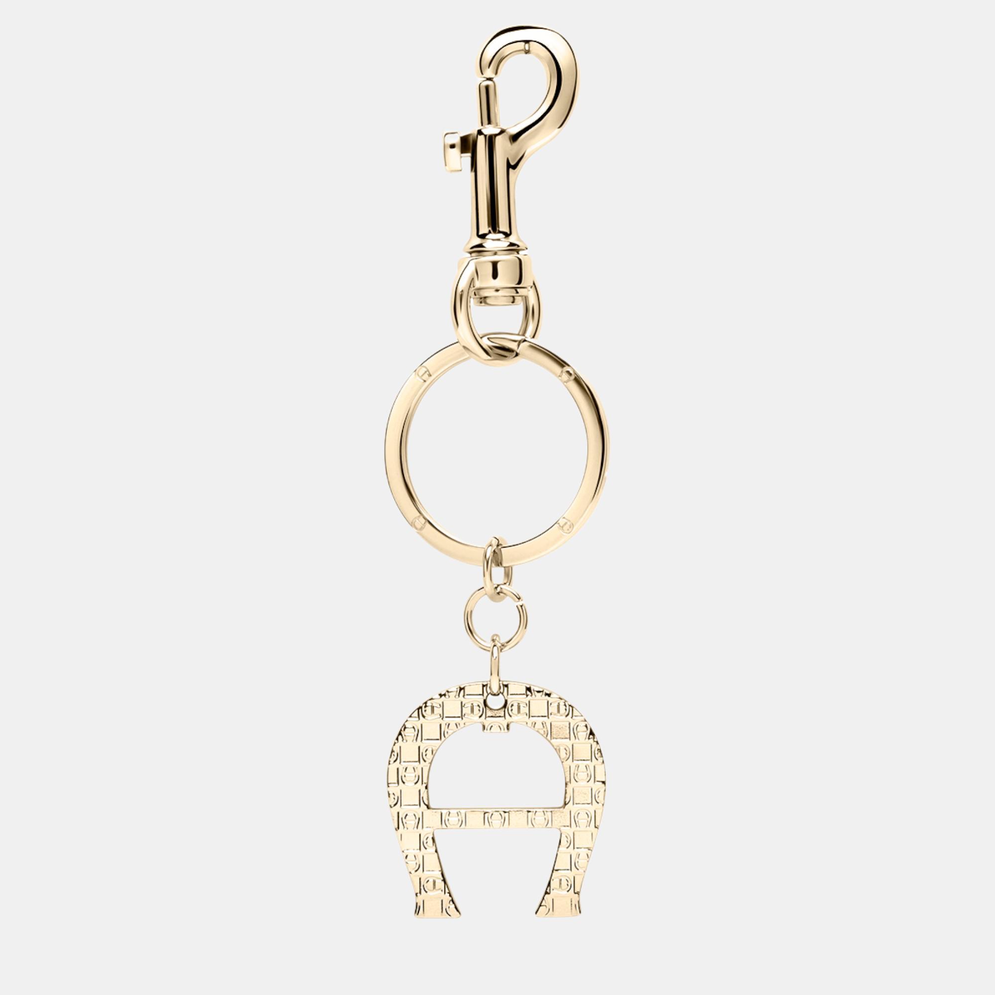 Pre-owned Aigner Gold Shiny Light Gold Metal Basics Keyring With Dadino Logo Gold Coloured
