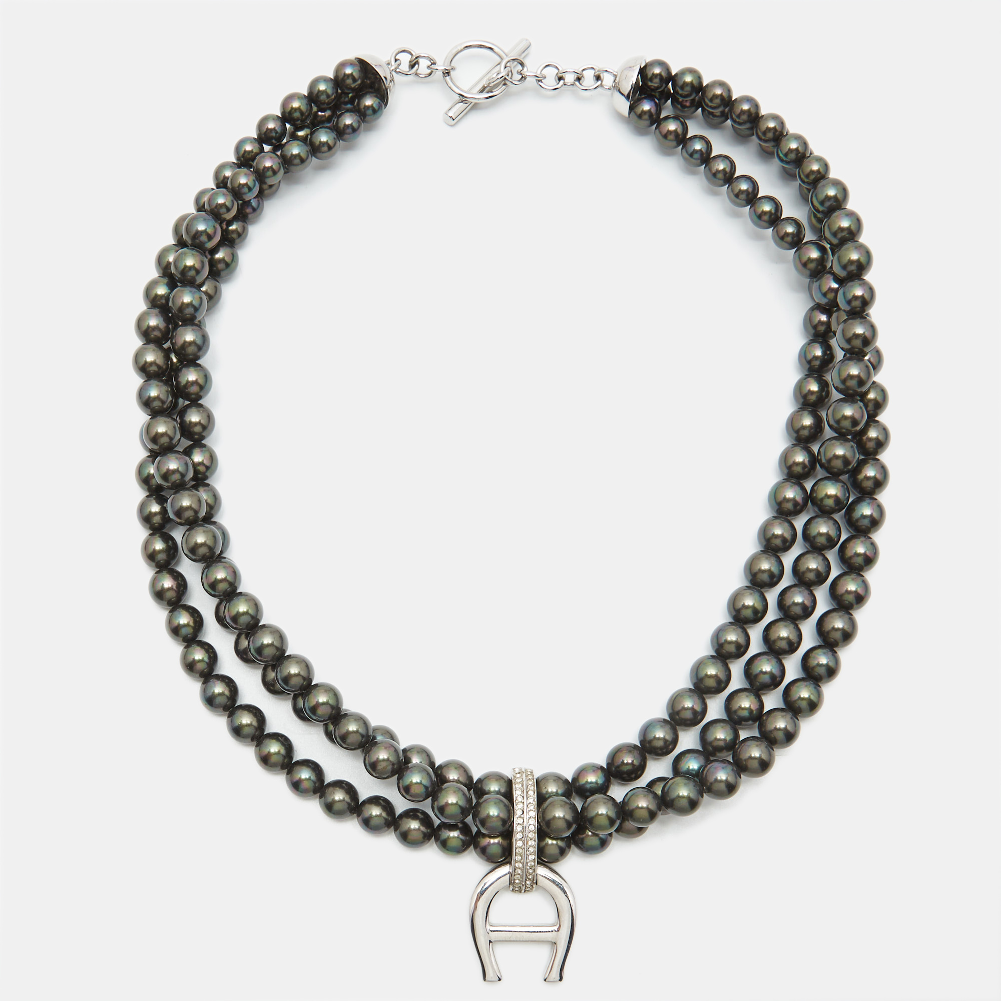 

Aigner Logo Crystals Black Faux Pearls Silver Tone Multistrand Necklace