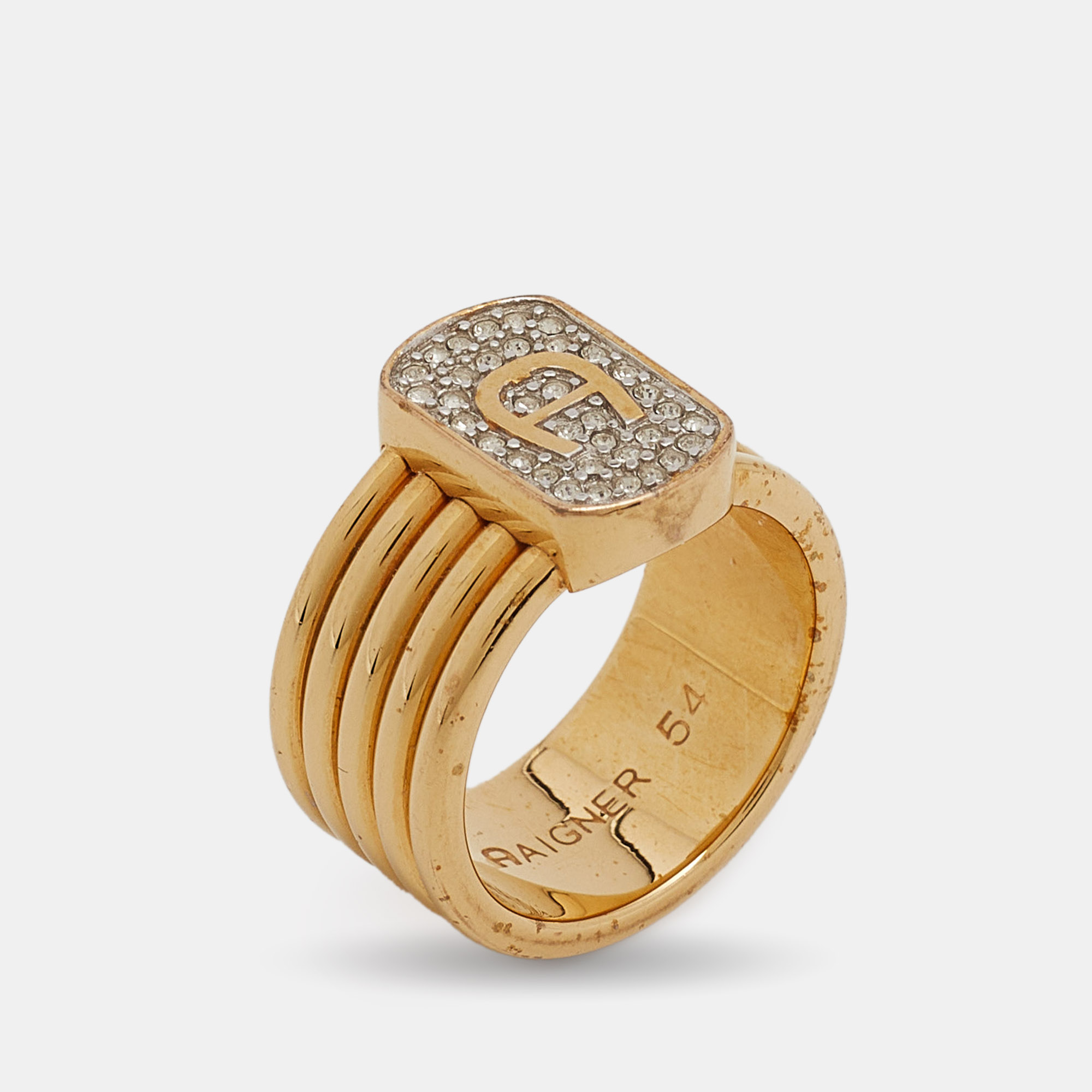 

Aigner Gold Tone Crystal Logo Band Ring Size