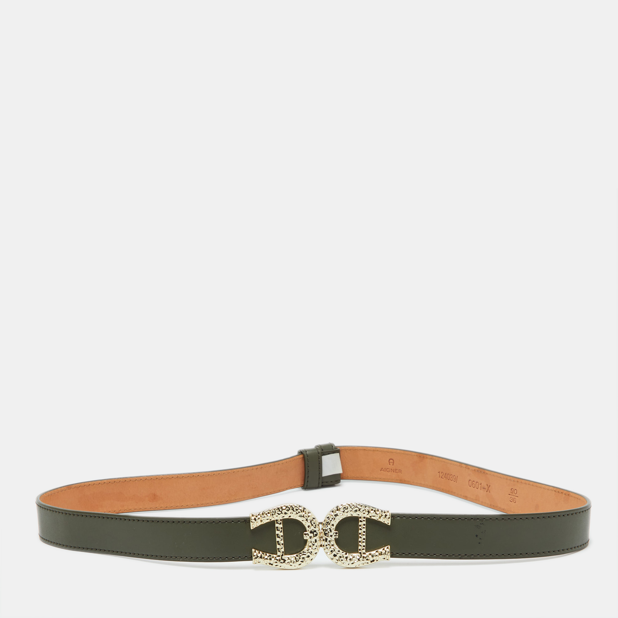 

Aigner Olive Green Leather Logo Buckle Belt 90CM