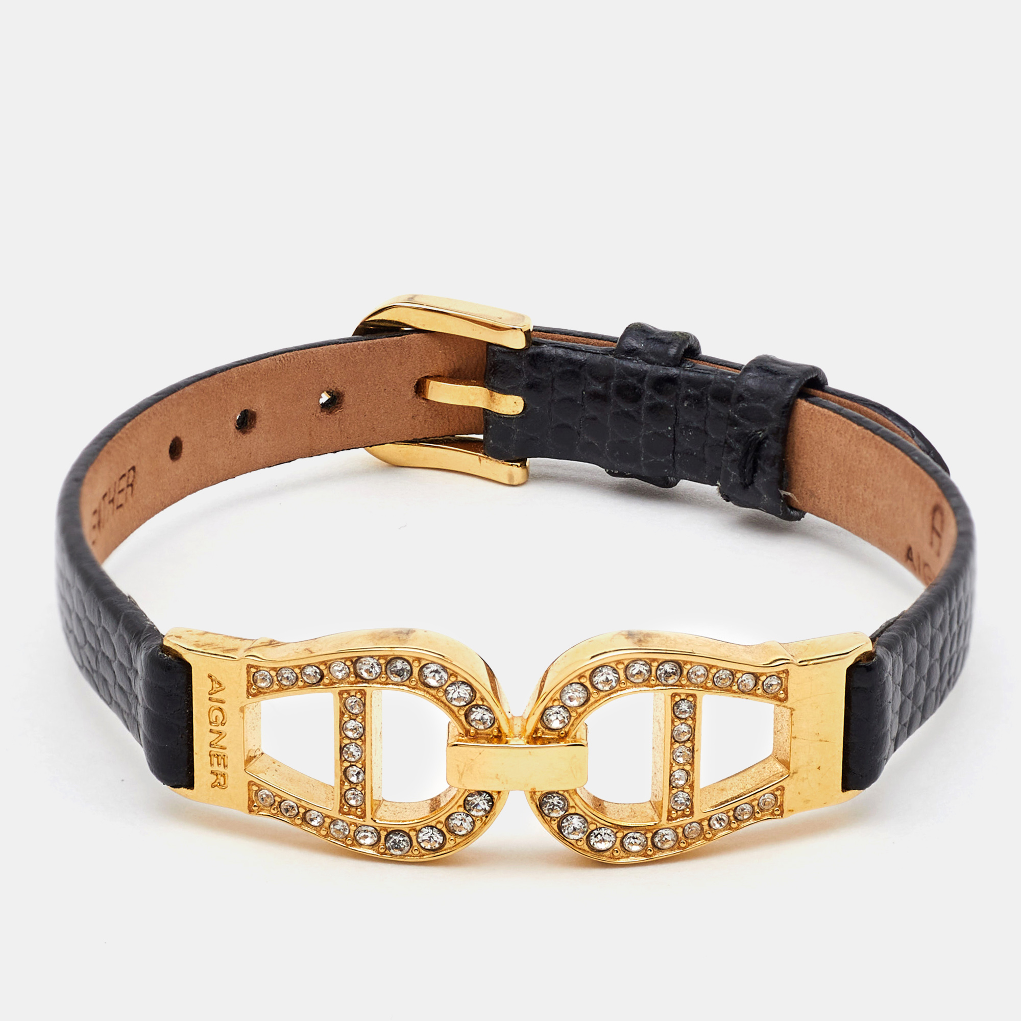 

Aigner Crystal Gold Tone Black Lizard Embossed Leather Bracelet