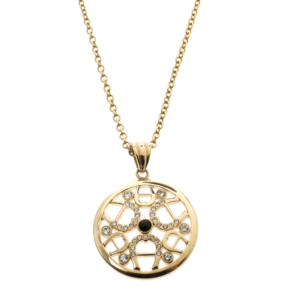 Aigner Crystal Circular Pendant Gold Tone Chain Necklace