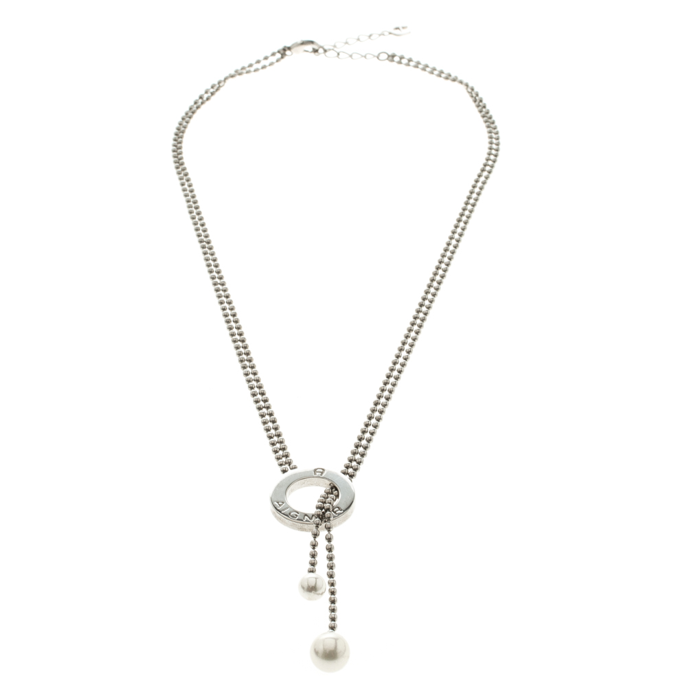 Aigner Faux Pearl Beaded Silver Tone Lariat Loop Necklace
