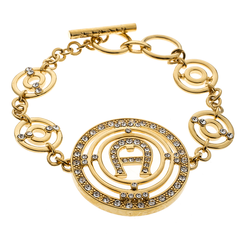 Aigner Crystal Studded Gold Tone Toggle Bracelet