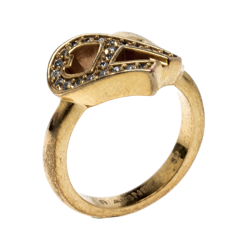 Pre Owned Aigner Heart Crystal Gold Tone Ring Size 52
