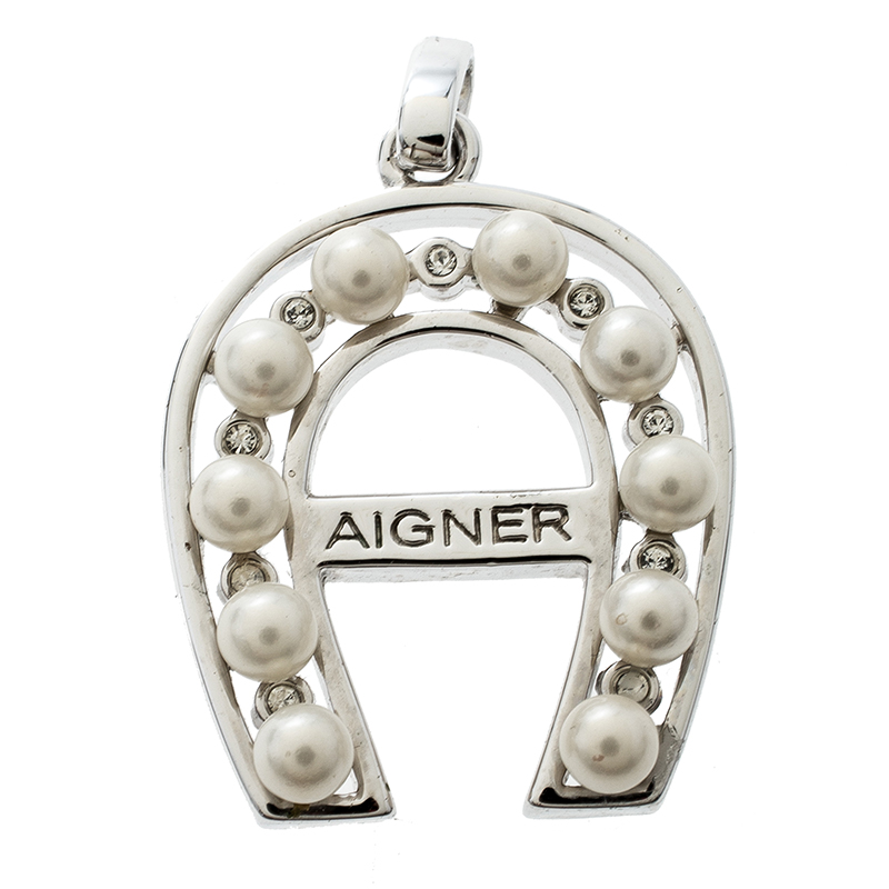 Pre Owned Aigner Horseshoe Crystal Faux pearl Silver Tone Pendant