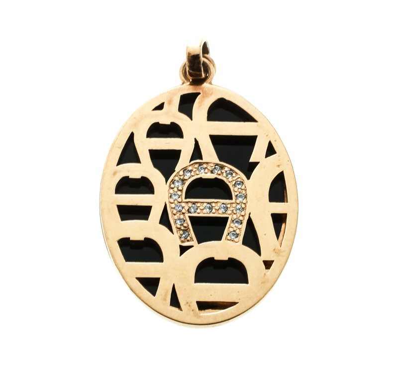 Pre Owned Aigner Crystal Black Enamel Gold Tone Dual Charm Pendant
